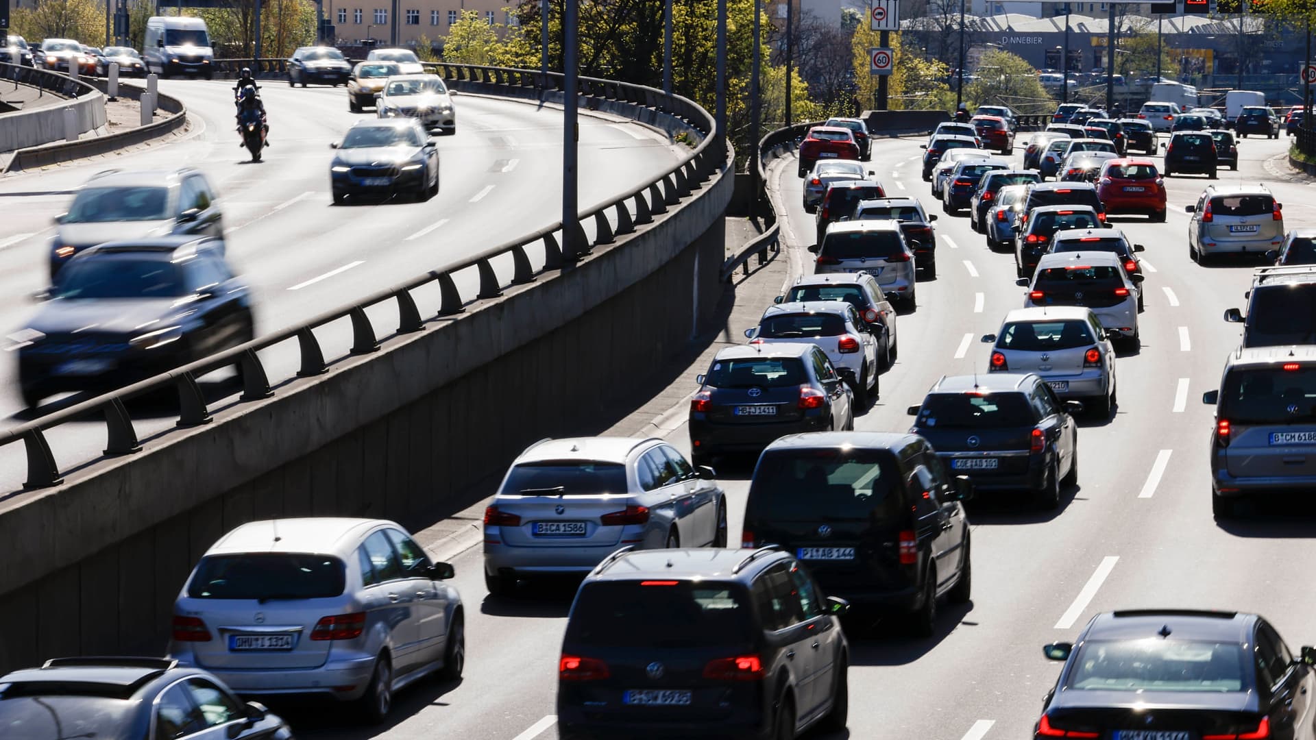 Cars drive on the city highway A100 in Berlin Germany, April 18, 2022.