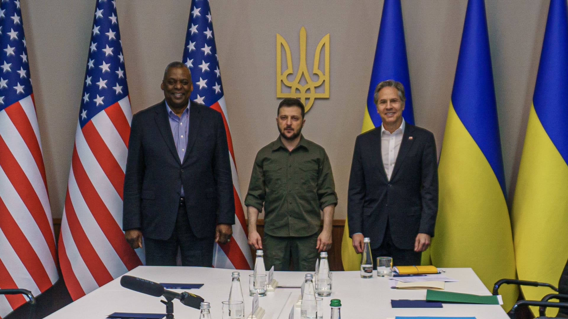 U.S. Secretary of Defense Lloyd Austin III, left, and U.S. Secretary of State Antony Blinken, right, traveled to Kyiv, Ukraine, on April 24, 2022, to meet with Ukrainian President Volodymyr Zelenskyy.