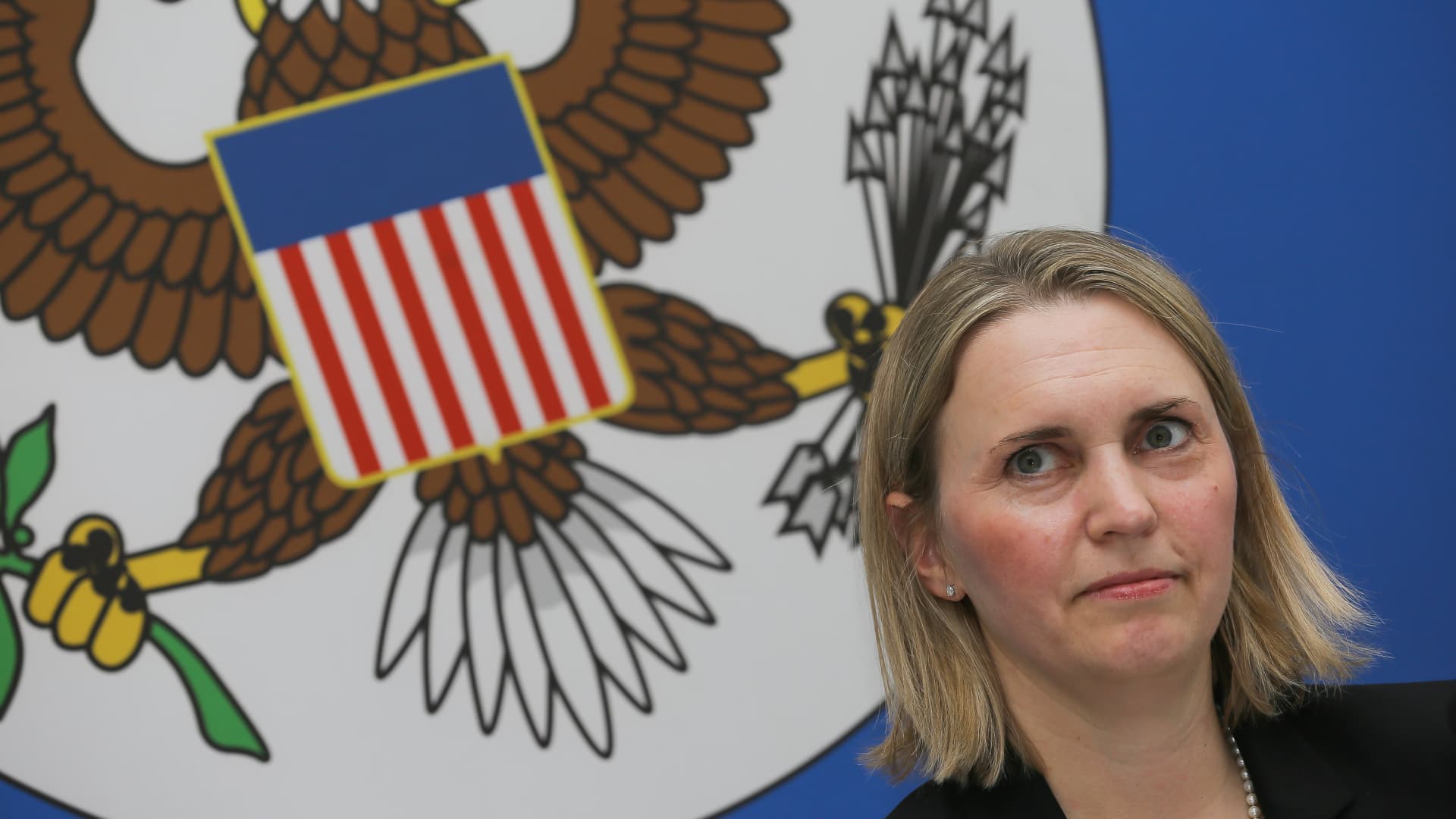 Deputy Assistant Secretary of State for European and Eurasian Affairs Bridget Brink at a press conference.