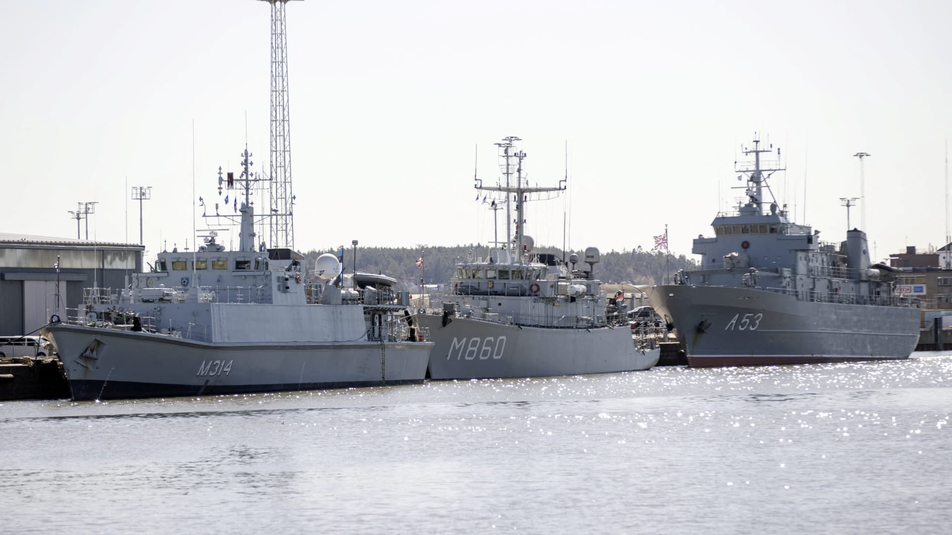 Three NATO warships from the Standing Nato Mine Countermeasures Group 1 (SNMCMG1 group), EML Sakala from Estonia, Dutch HNLMS Schiedam and the flagship LVNS Virsaitis from Latvia, arrive to a harbour, to train with Finland's coastal fleet, in the Finnish southwestern coastal city of Turku, Finland April 25, 2022.