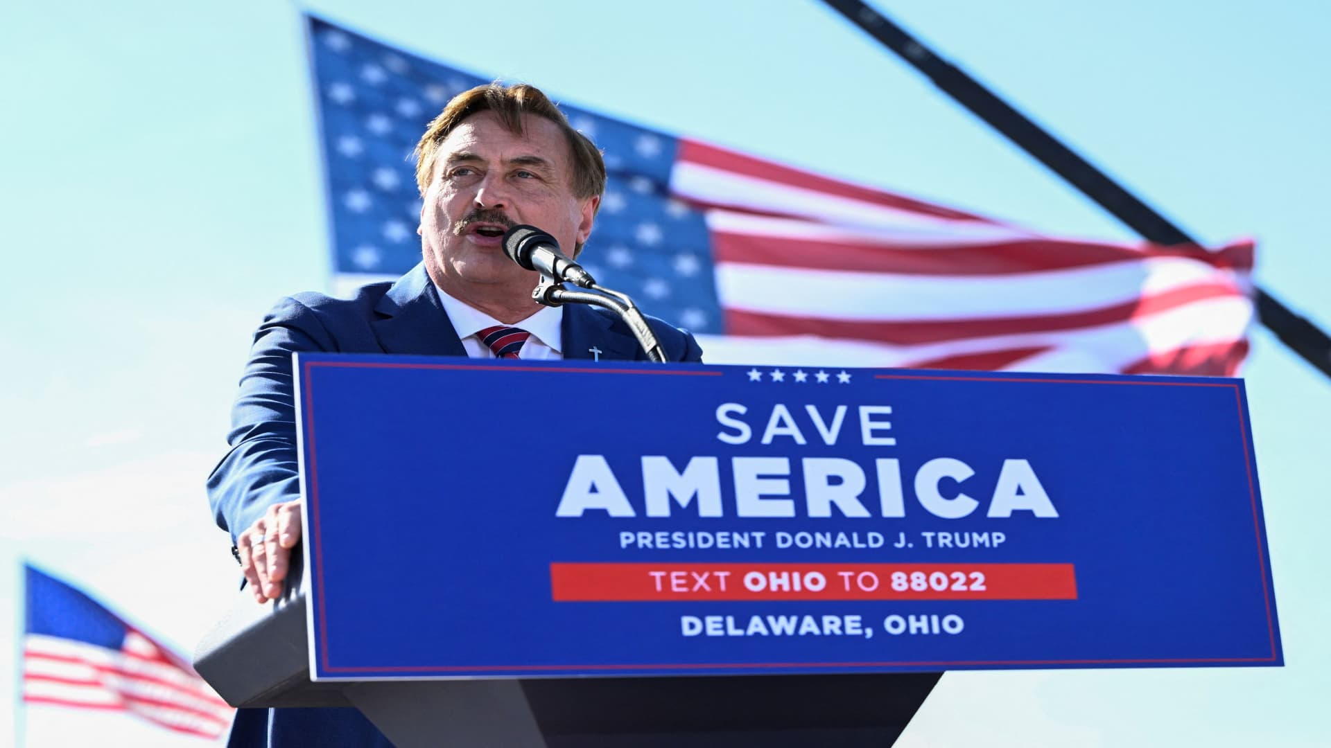 Michael J. Lindell, the My Pillow Guy, speaks on stage during an event hosted by former U.S. President Donald Trump at the county fairgrounds in Delaware, Ohio, U.S., April 23, 2022. 