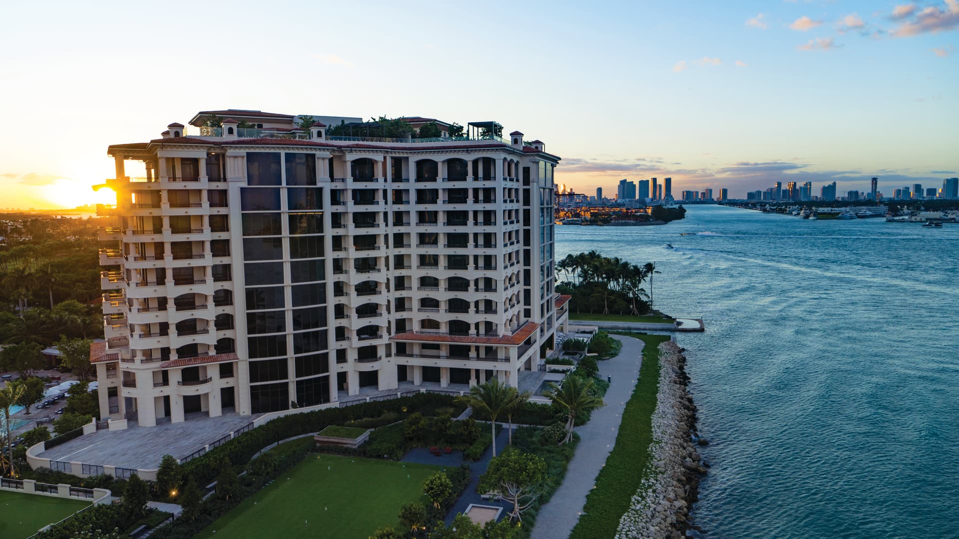 Aerial view of Palazzo Della Luna, a 10-story ultra-luxury condominium on Fisher Island in Florida.