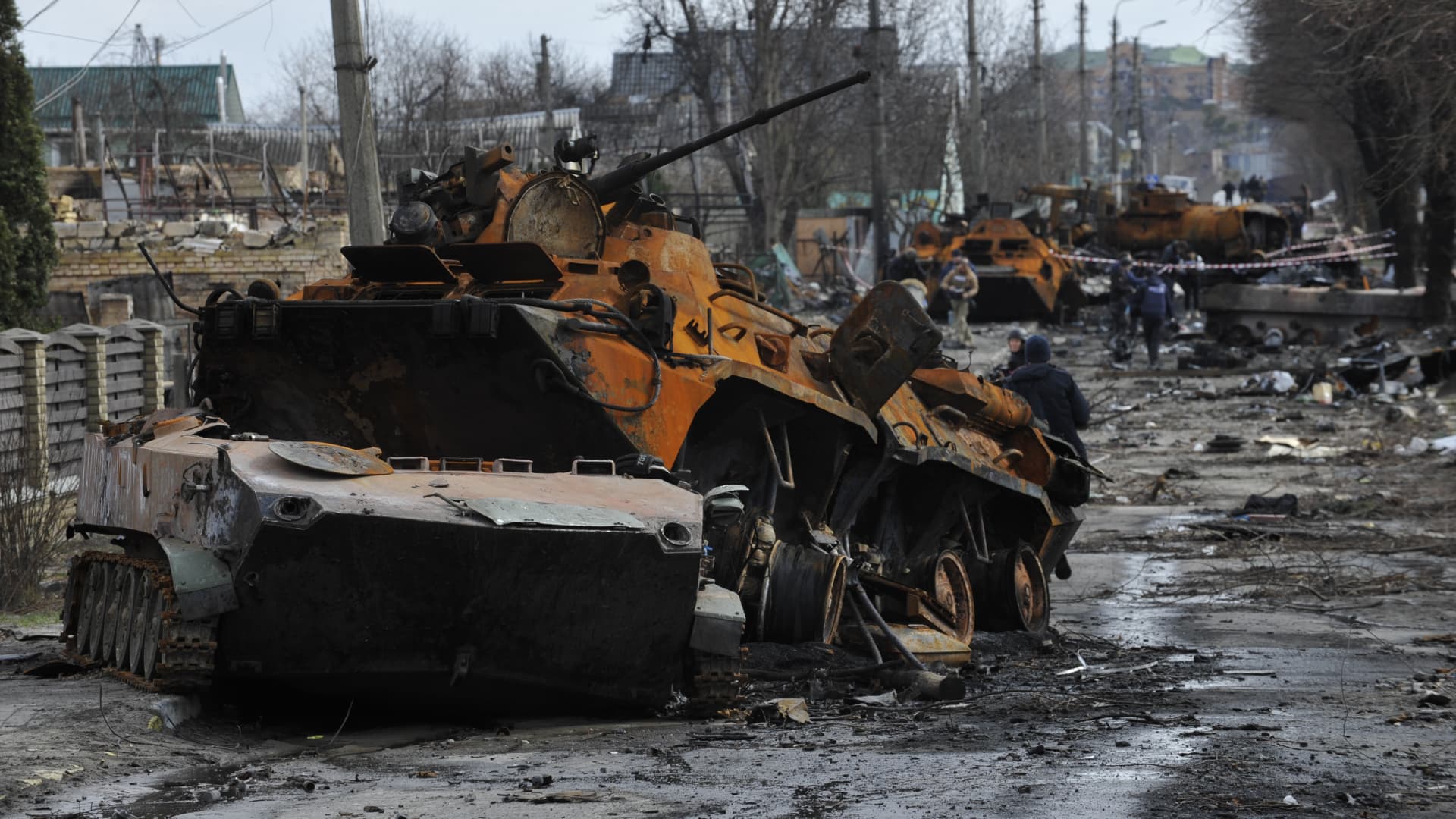 Destroyed military equipment of the Russian army in the city of Bucha.
