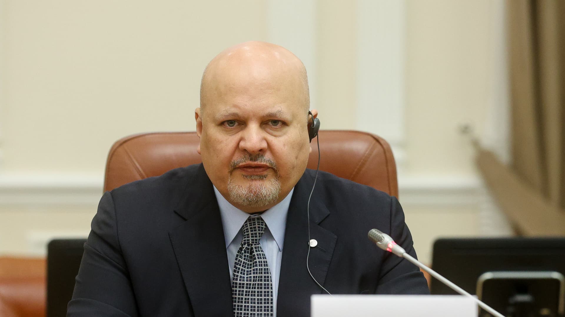 The Prosecutor of International Criminal Court Karim Ahmad Khan visits Kyiv and territories which were occupied by Russia in Ukraine, April 14, 2022. Khan on Monday signed an agreement to join a joint investigation team set up by Lithuania, Poland, and Ukraine, to investigate alleged international crimes committed during the Ukraine war.