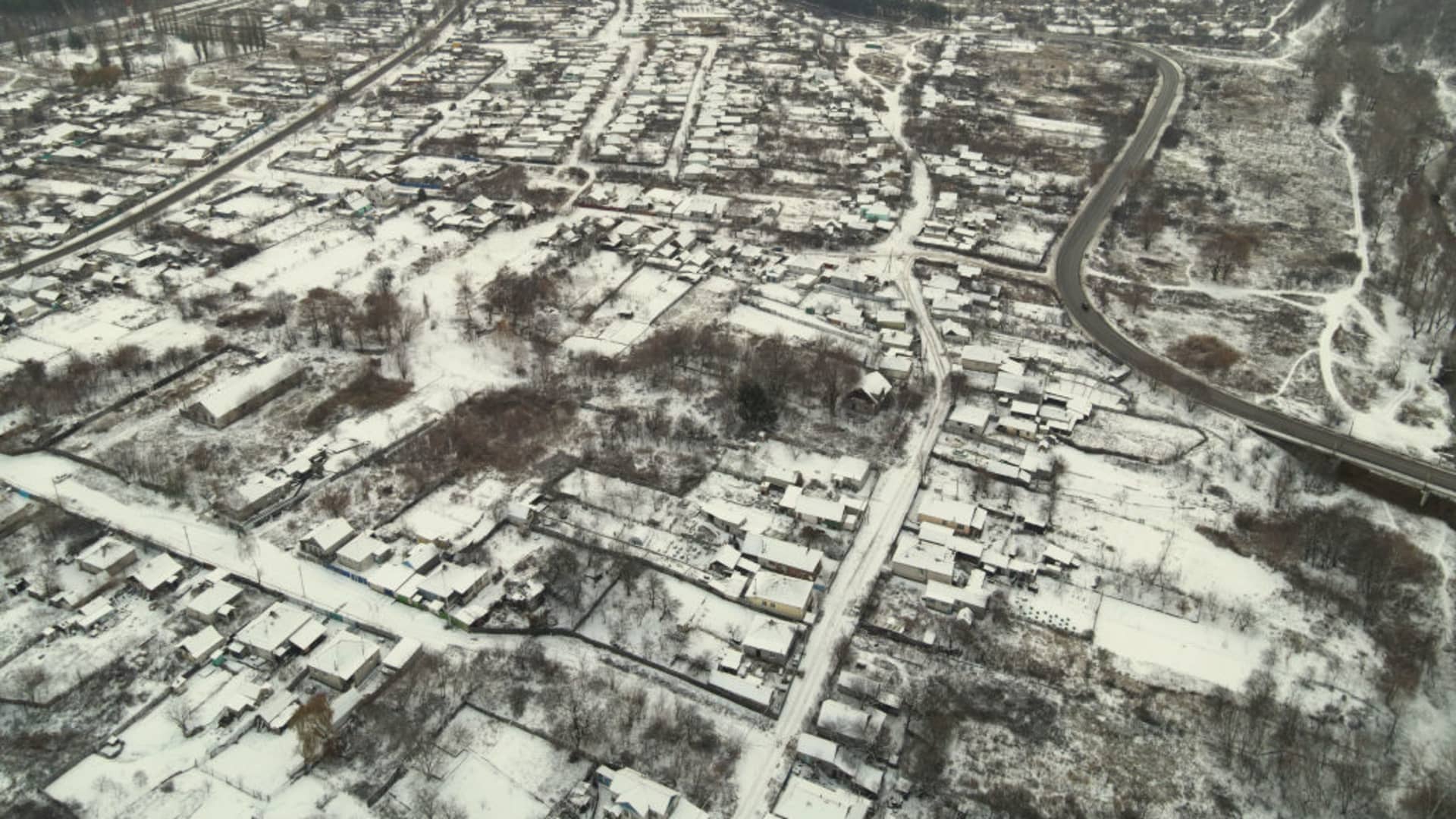 The snow-bound city of Kreminna, which is believed to have fallen to Russian forces, is seen here from a birds eye view. The city is located in the Luhansk region in eastern Ukraine.