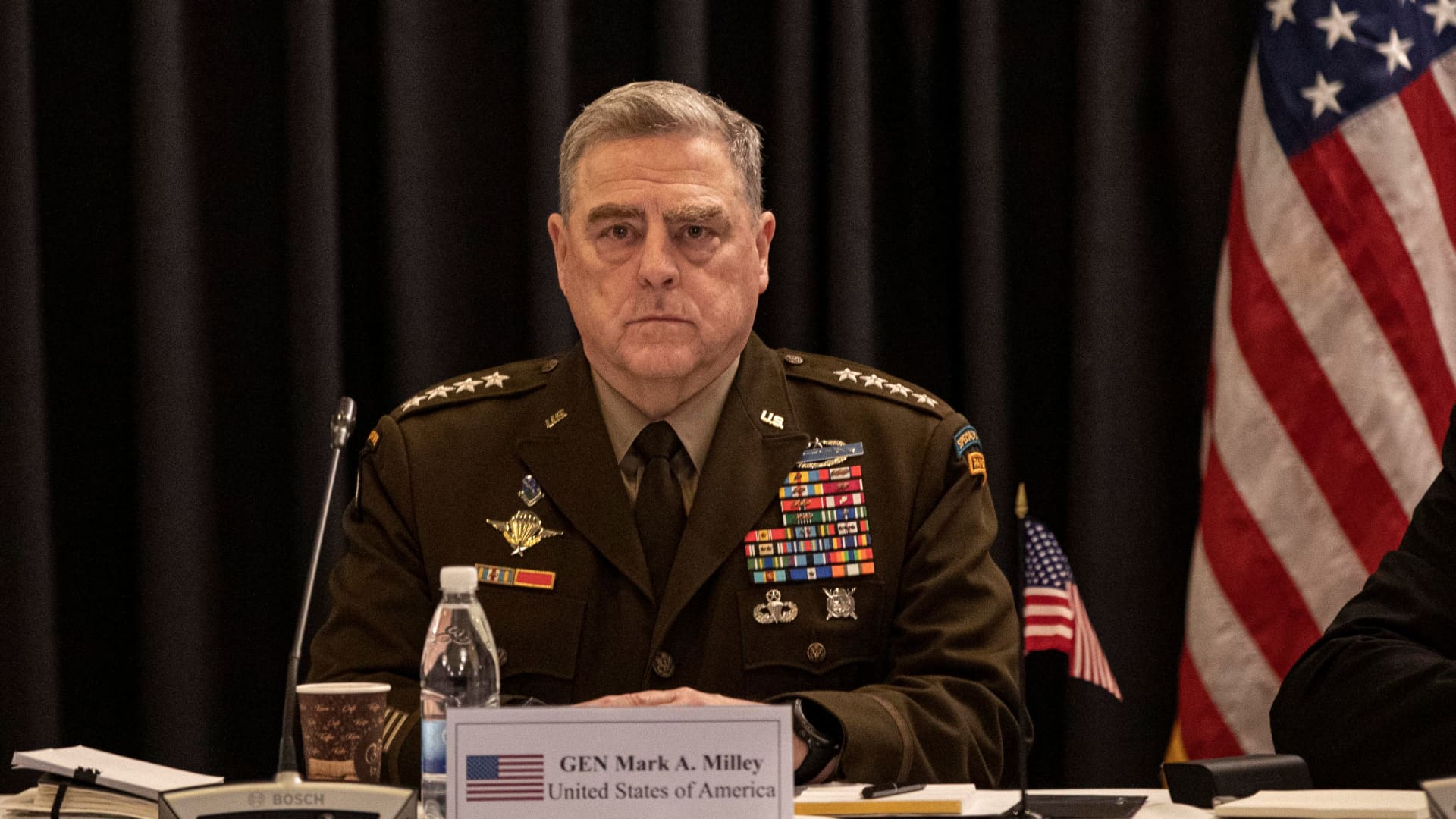 US General Mark Milley attends a meeting with members of a Ukraine Security Consultative Group at the US Air Base in Ramstein, western Germany, on April 26, 2022.
