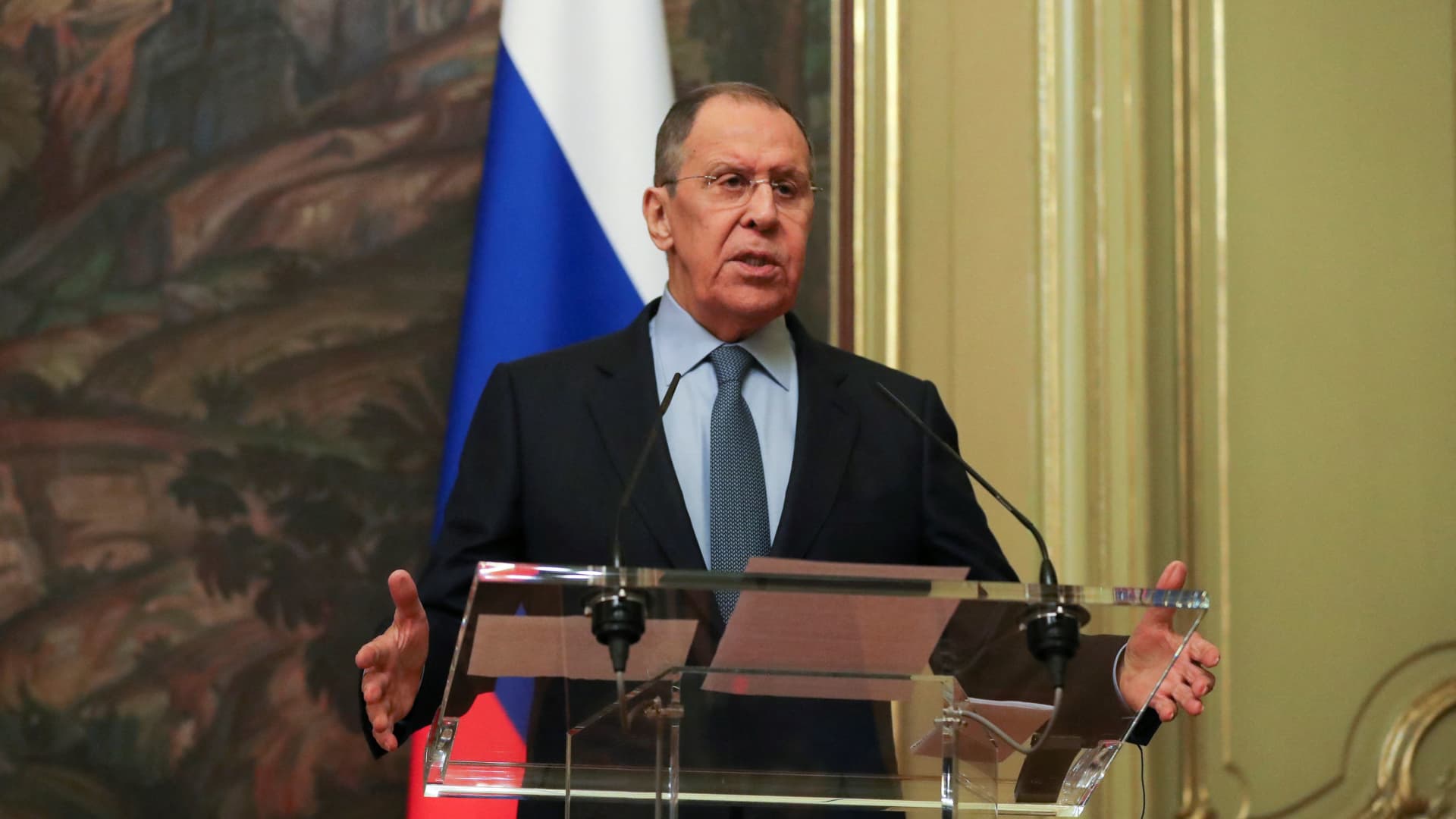 Russian Foreign Minister Sergei Lavrov speaks during a news conference after his meeting with UN Secretary-General Antonio Guterres in Moscow, Russia, April 26, 2022. 