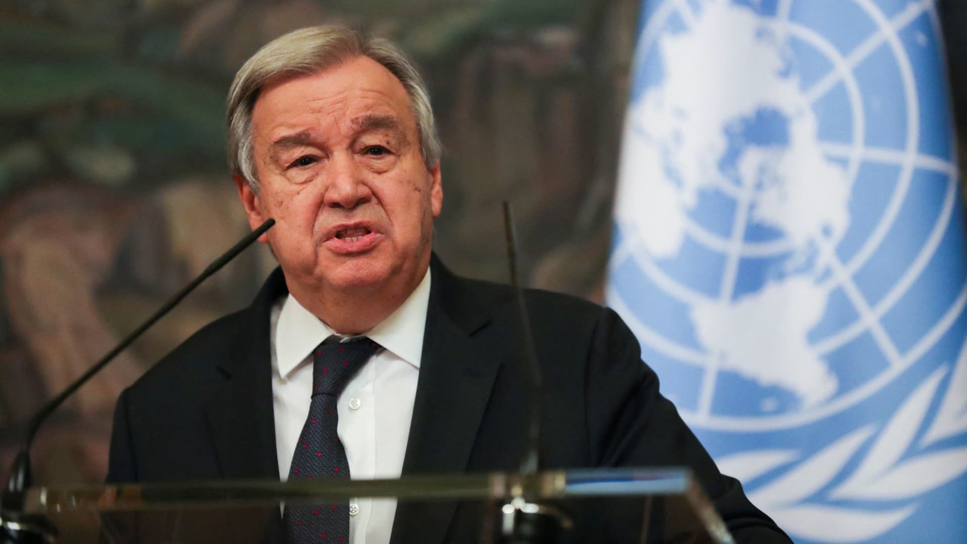 UN Secretary-General Antonio Guterres speaks during a news conference after his meeting with Russian Foreign Minister Sergei Lavrov in Moscow, Russia, April 26, 2022. 