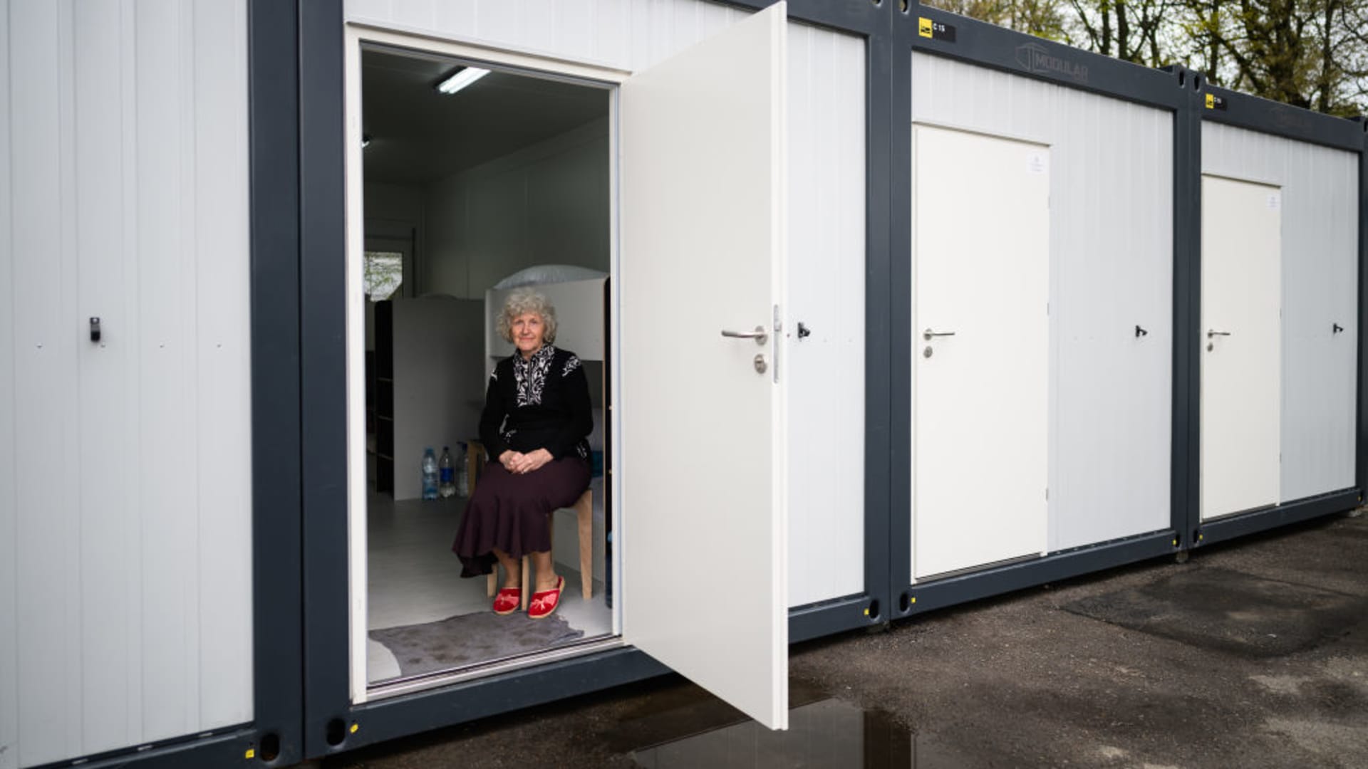 Lyudmila is seen in her temporary home in a converted shipping container on April 26, 2022 in Lviv, Ukraine. 