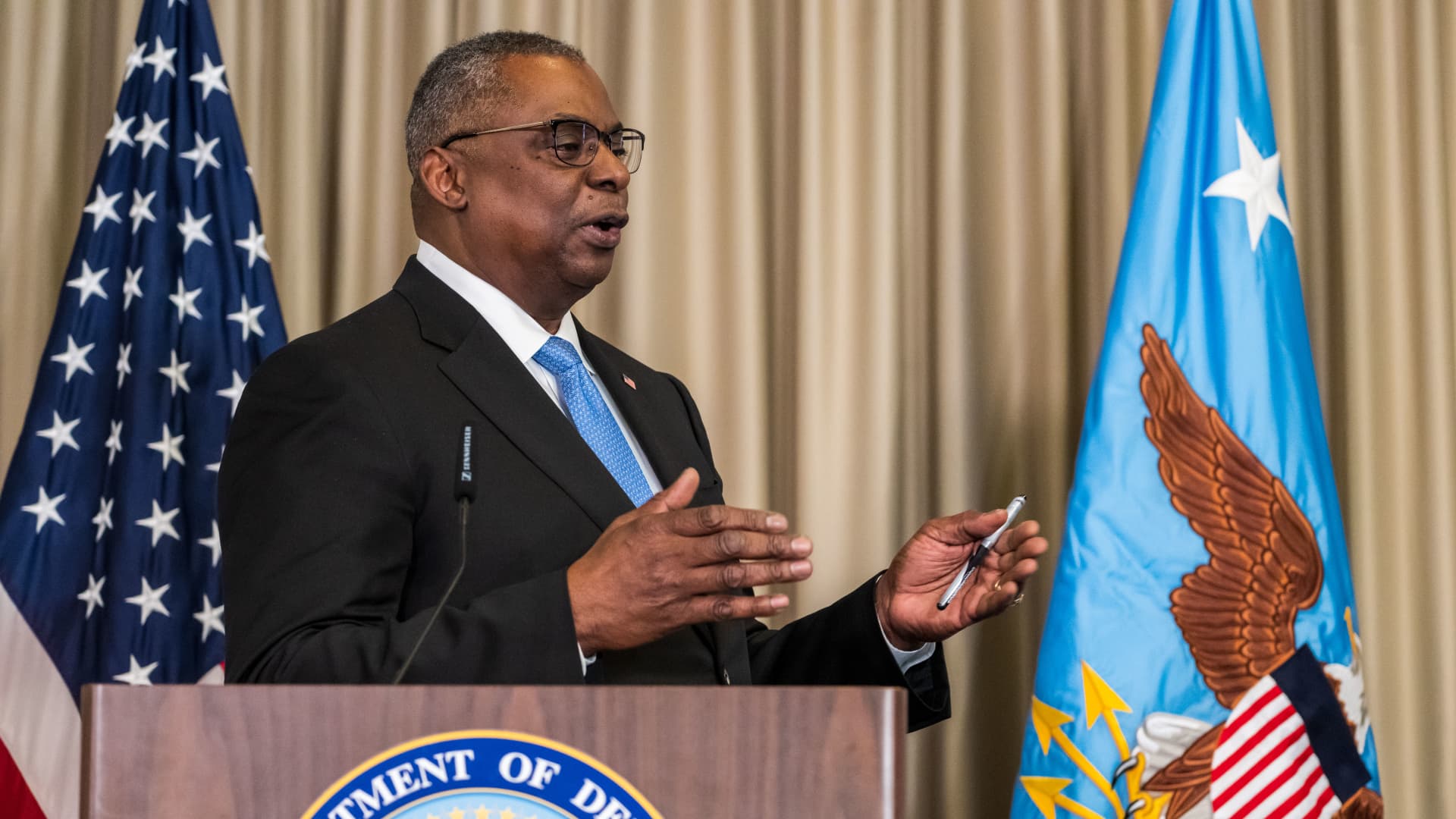 US Defence Secretary Lloyd Austin speaks to the media after the Ukraine Security Consultative Group meeting at Ramstein air base on April 26, 2022 in Ramstein-Miesenbach, Germany. The meeting is a U.S.