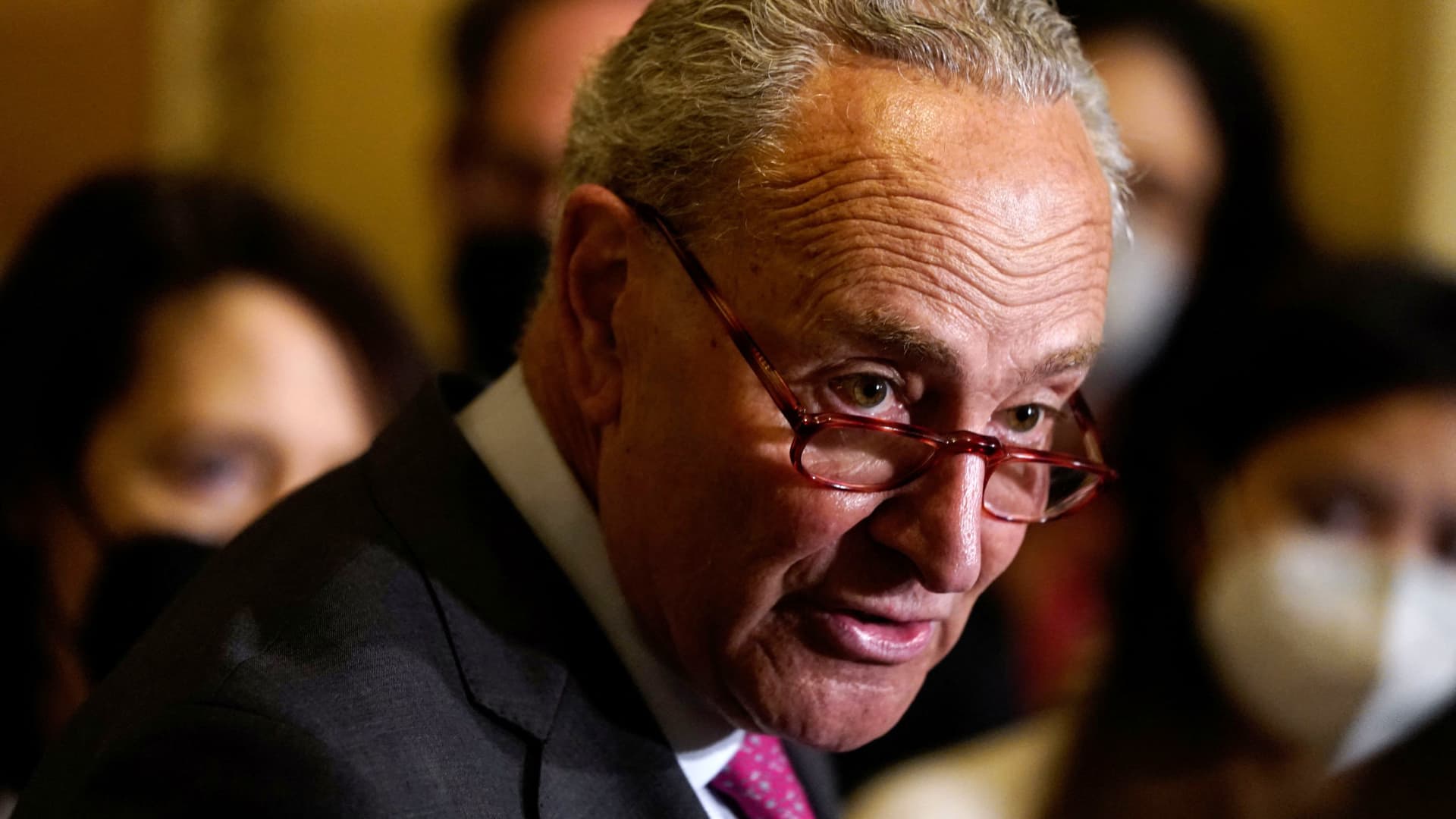 U.S. Senate Majority Leader Chuck Schumer (D-NY) speaks to reporters following the Senate Democrats weekly policy lunch at the U.S. Capitol in Washington, U.S., April 26, 2022.