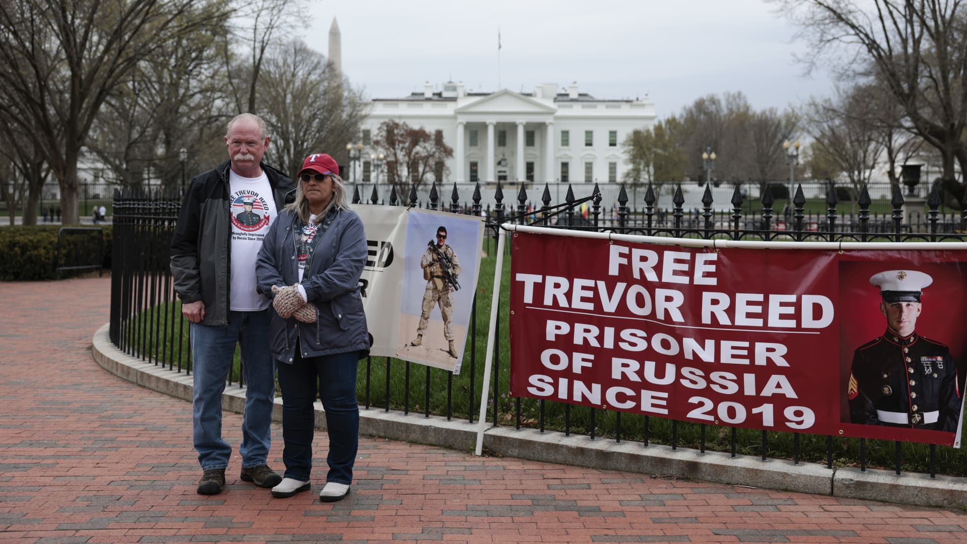 Joey Reed and Paula Reed, the parents of Trevor Reed, a U.S. Marine who is currently being detained in a Russian prison, demonstrate in Lafayette Park near the White House on March 30, 2022 in Washington, DC.