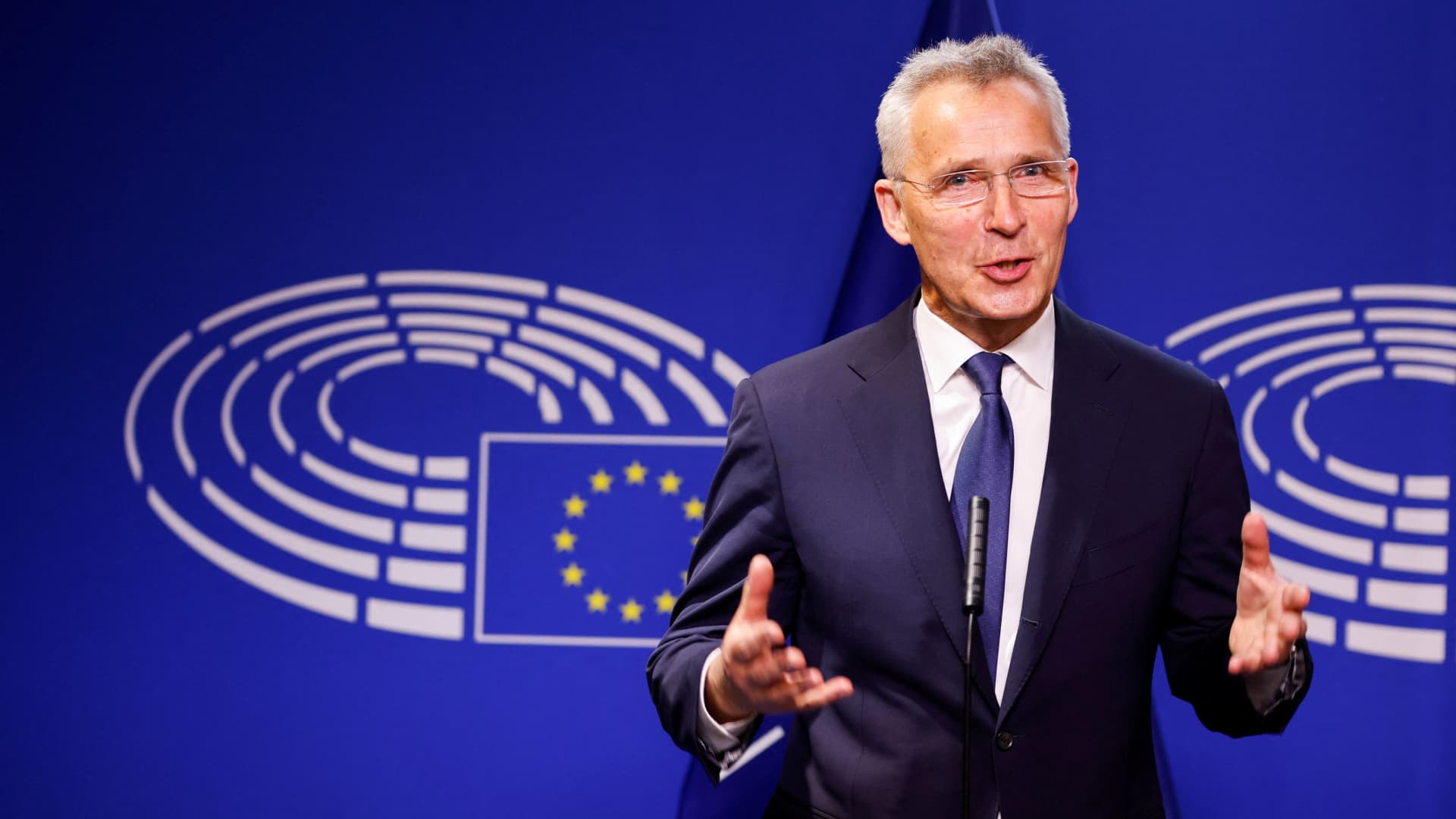 NATO Secretary-General Jens Stoltenberg speaks during a news conference along with the European Parliament President Roberta Metsola (not pictured) at the European Parliament in Brussels, Belgium, April 28, 2022. 