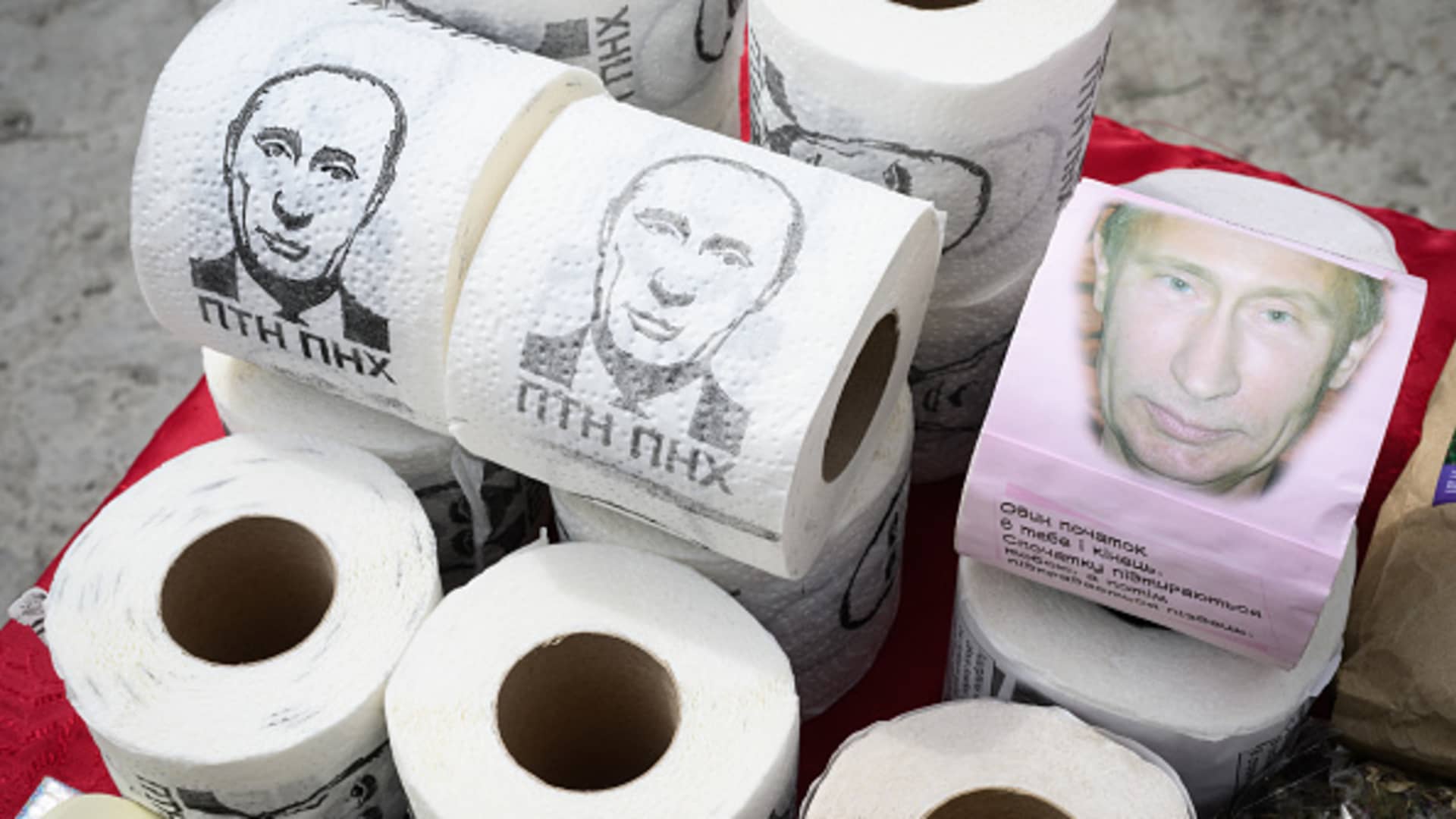 Satirical toilet paper featuring the face of Russian President Vladimir Putin is seen on April 28, 2022 in Lviv, Ukraine.