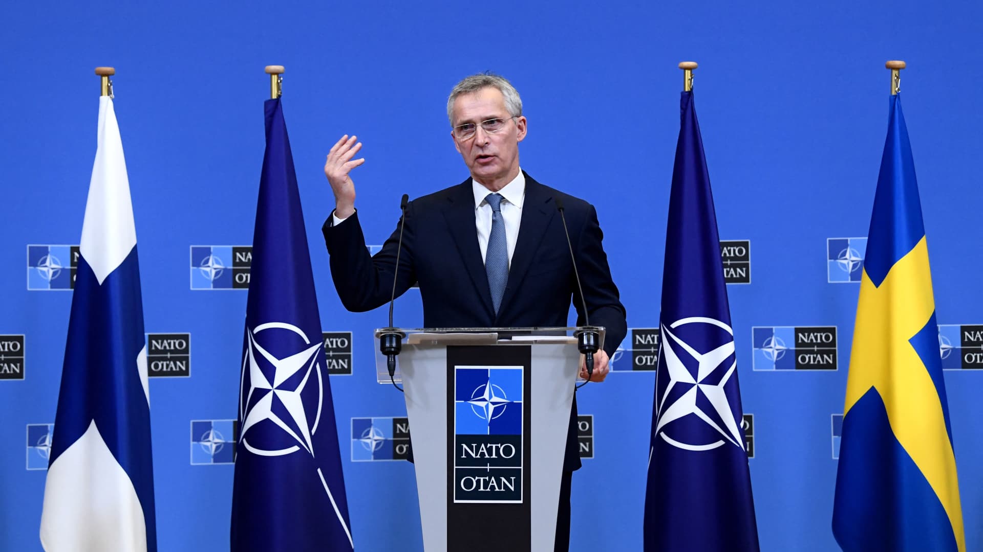 NATO Secretary General Jens Stoltenberg talks speaks during a joint press with Sweden and Finland's Foreign ministers after their meeting at the Nato headquarters in Brussels on January 24, 2022.