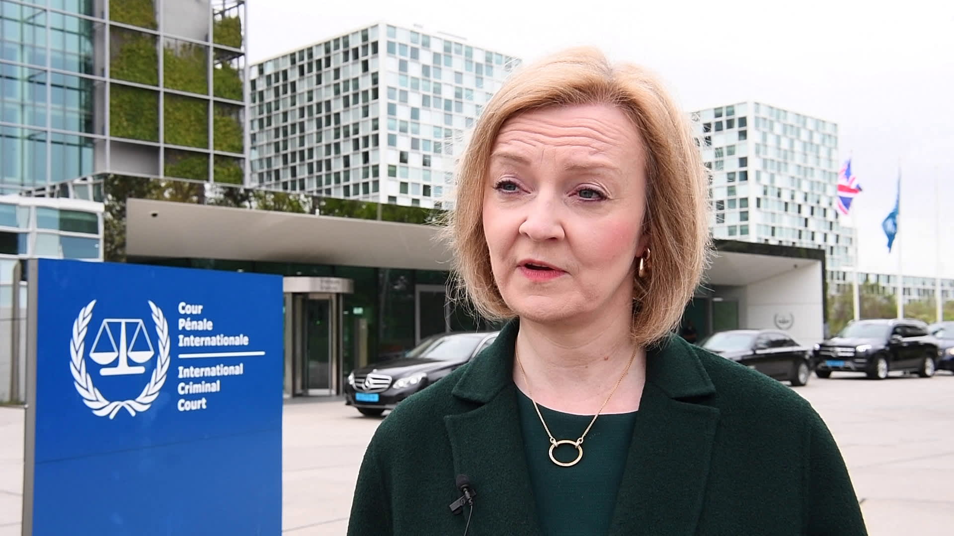 British Foreign Minister Liz Truss speaks during an interview with Reuters after visiting the International Criminal Court in The Hague, Netherlands in this screen grab taken from a video April 29, 2022. 