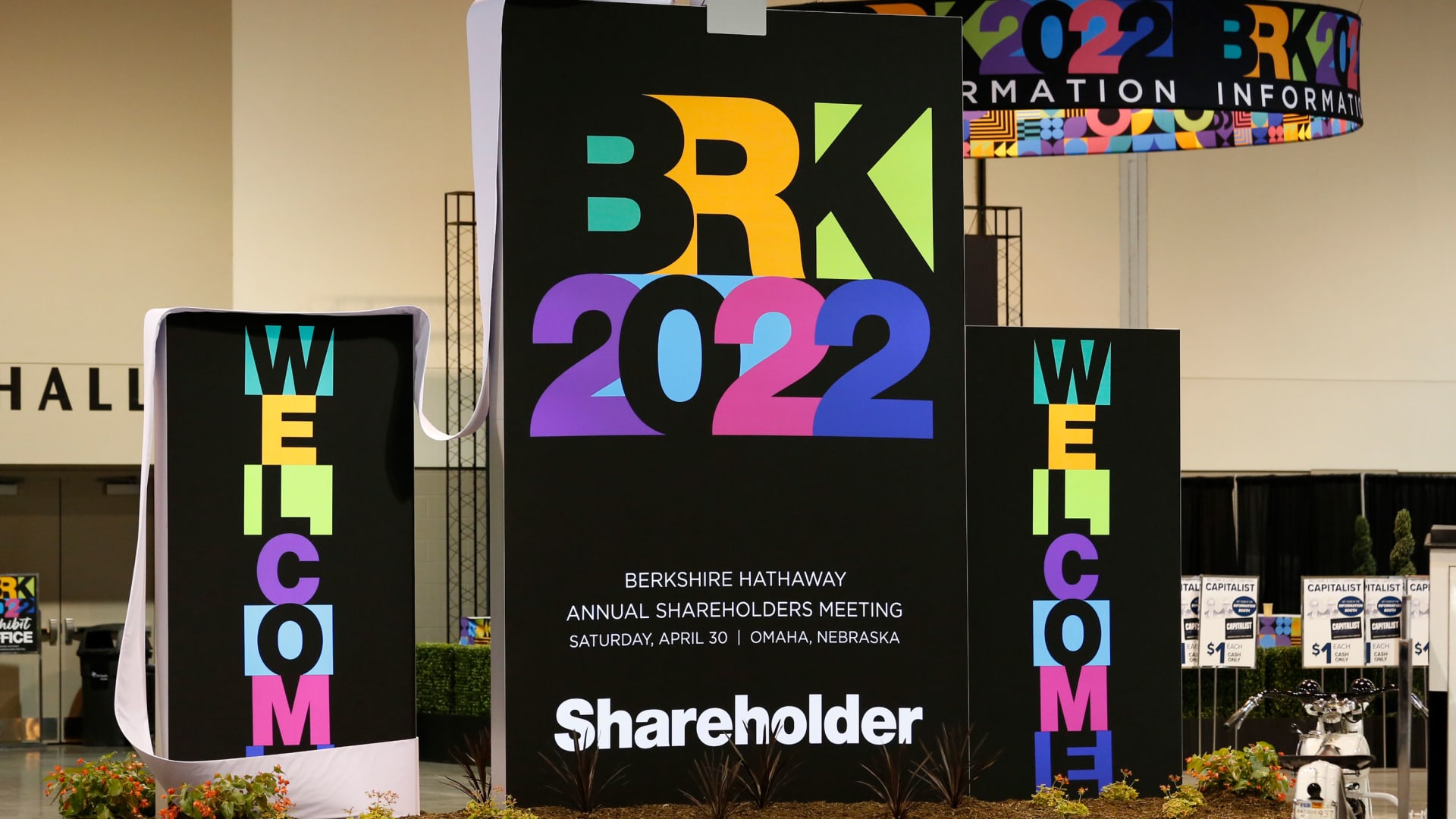 Berkshire Hathaway Annual Shareholder Meeting signage in Omaha, Nebraska, April 29, 2022.