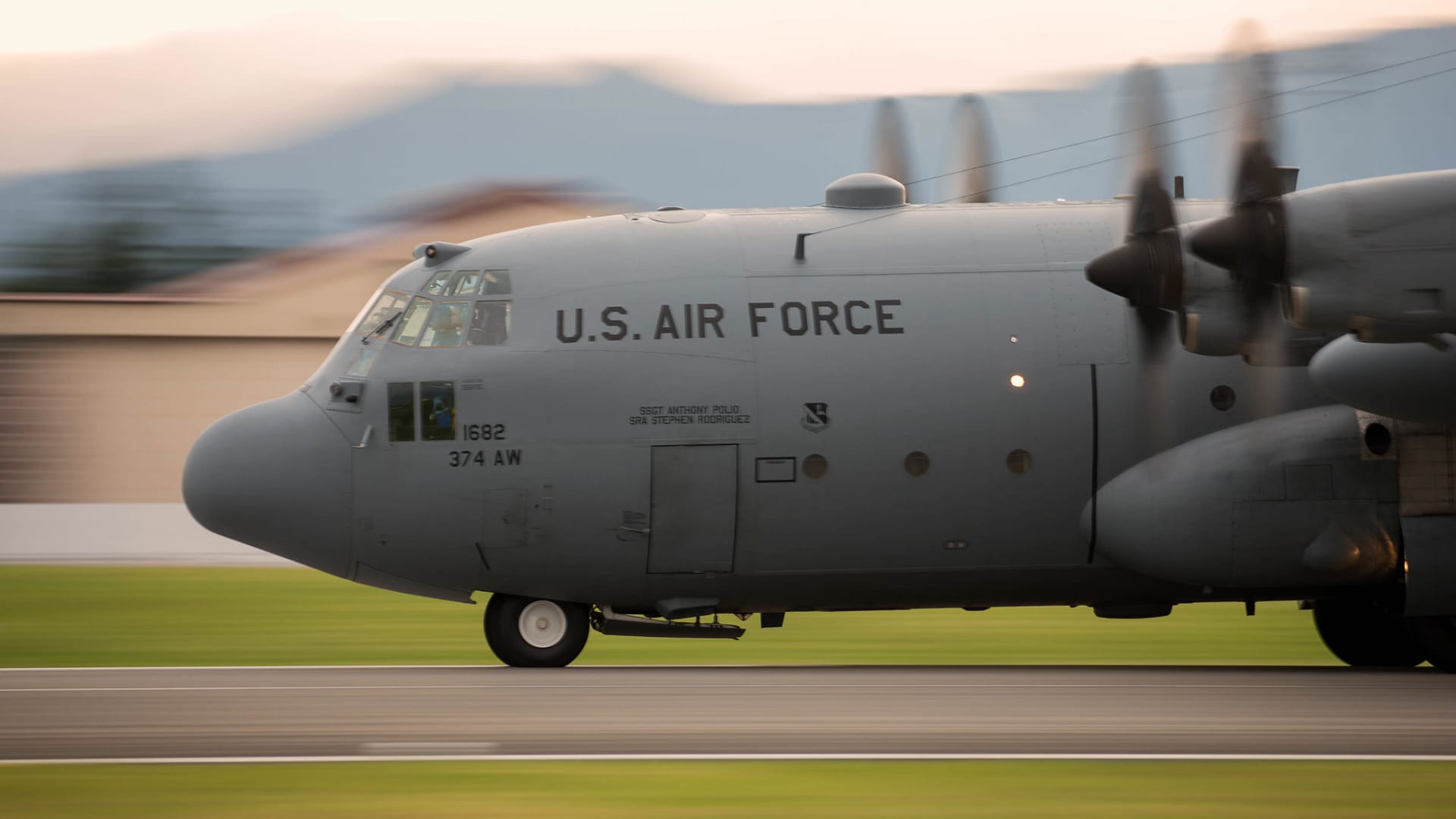 A C-130 Hercules takes off from Yokota Air Base, Japan, May 11, 2016, during Jump Week.