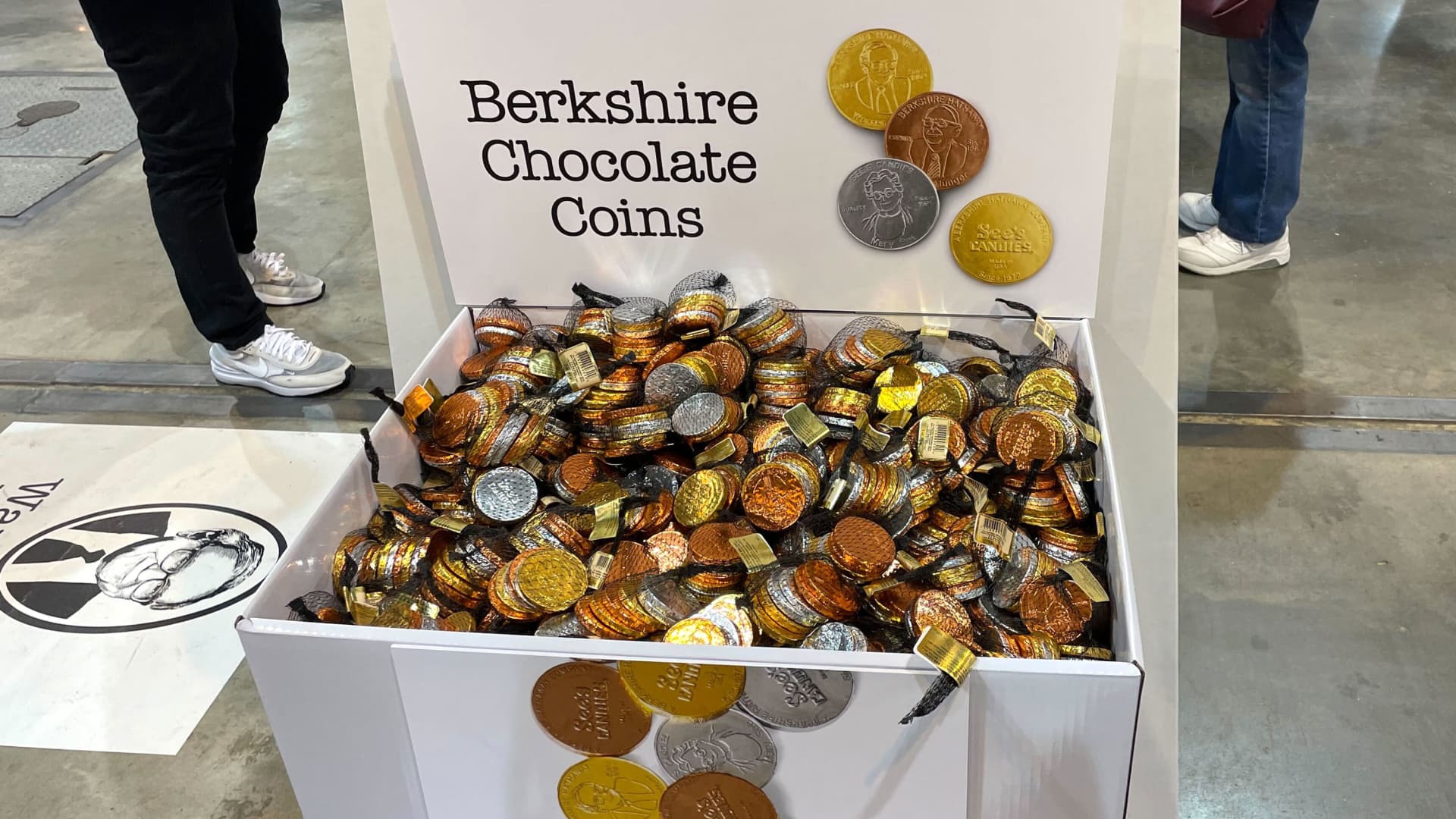 A display showing chocolate coins at the Berkshire Hathaway Annual Shareholder Meeting in Omaha, Nebraska.