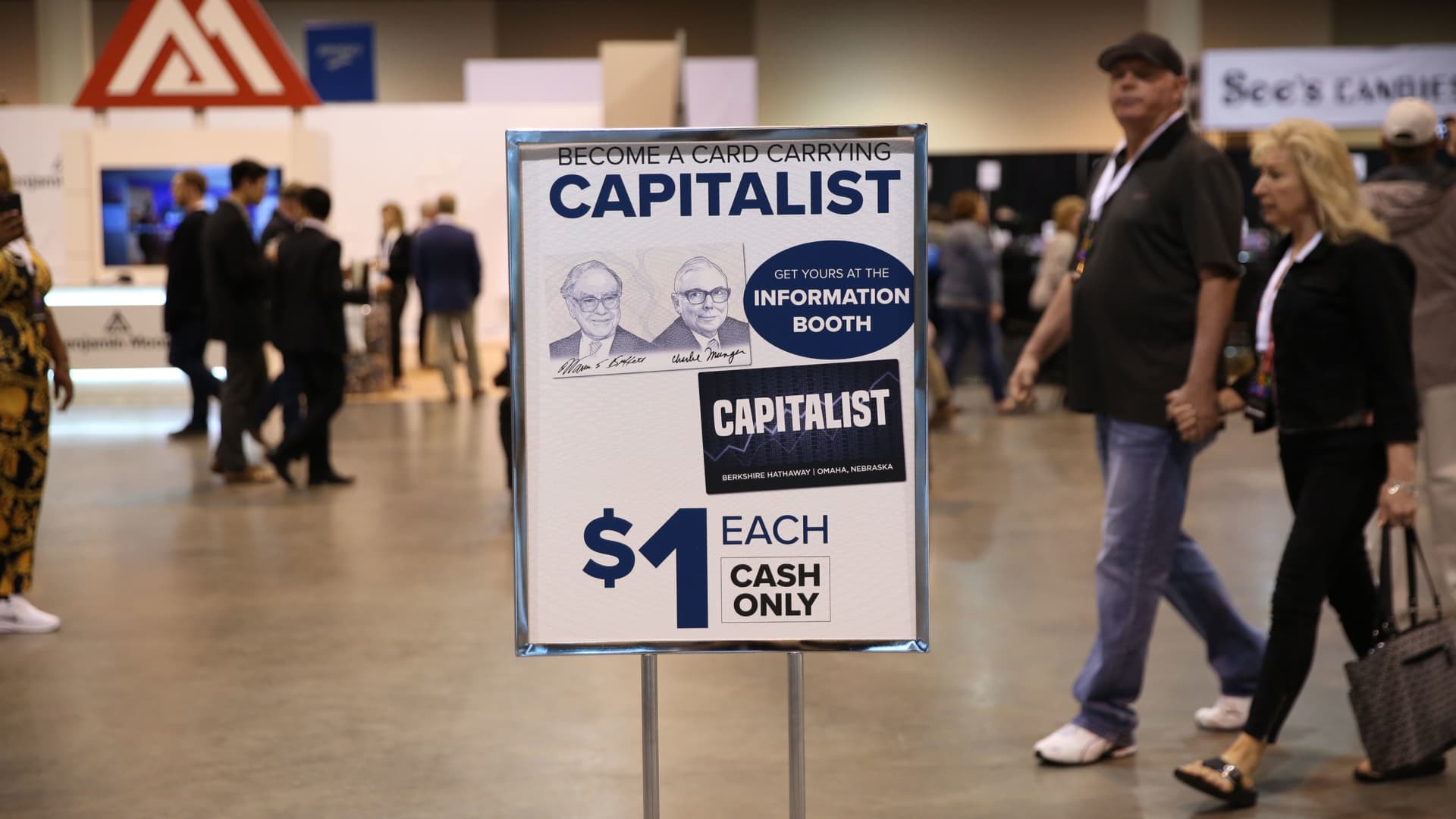 Sign advertising Capitalist card at the Berkshire Hathaway Annual Shareholders Meeting in Omaha, Nebraska.