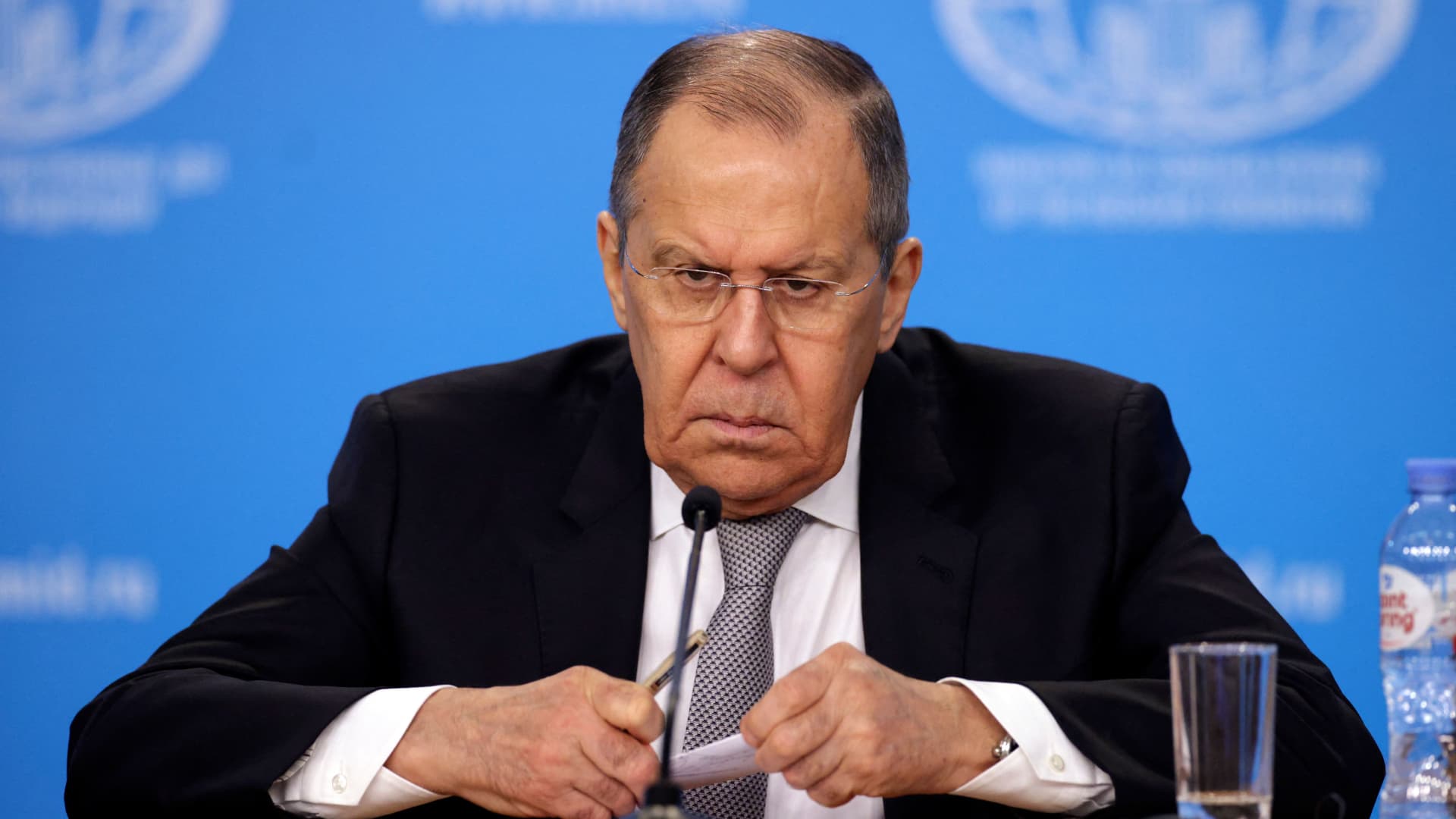 Russia's Foreign Minister Sergei Lavrov says Moscow is not at war with NATO, but that NATO sees itself as being at war with the Kremlin.