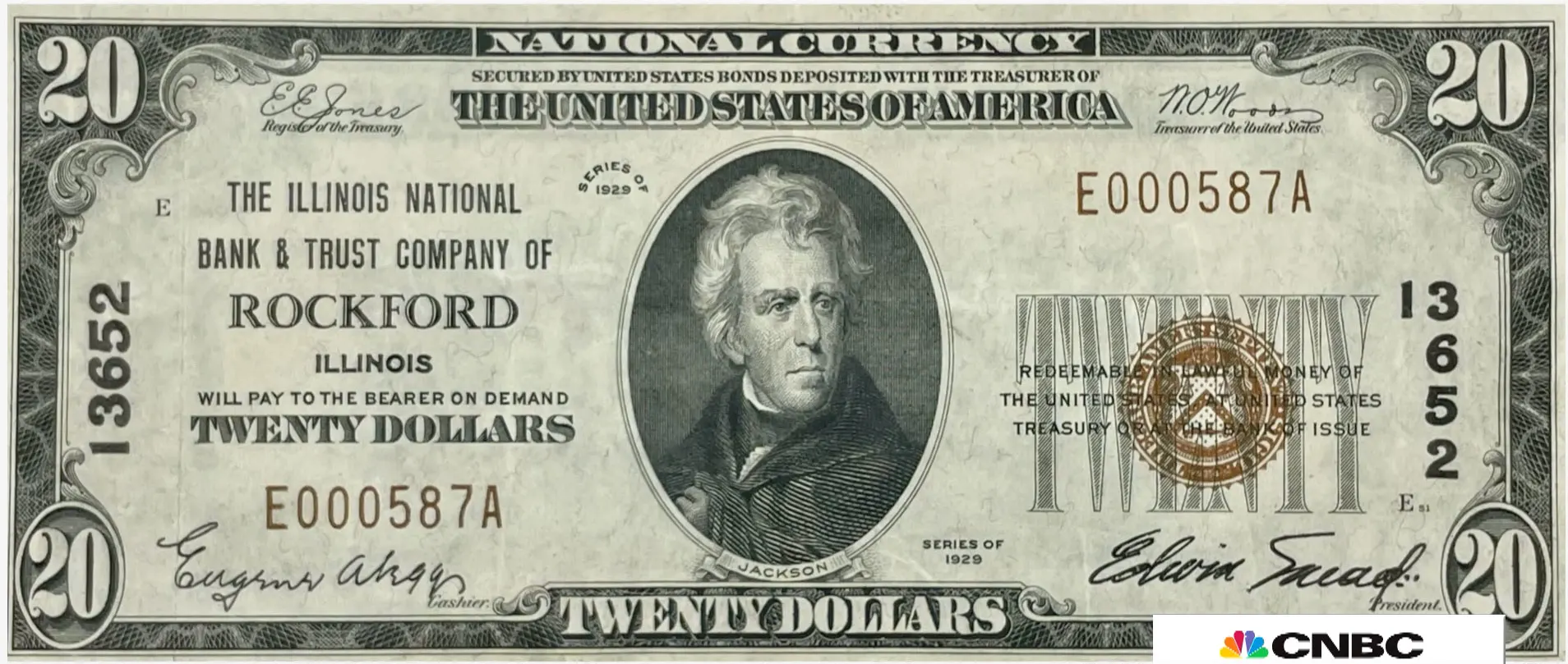 An old 20 dollar bill shown during Berkshire Hathaway press conference
