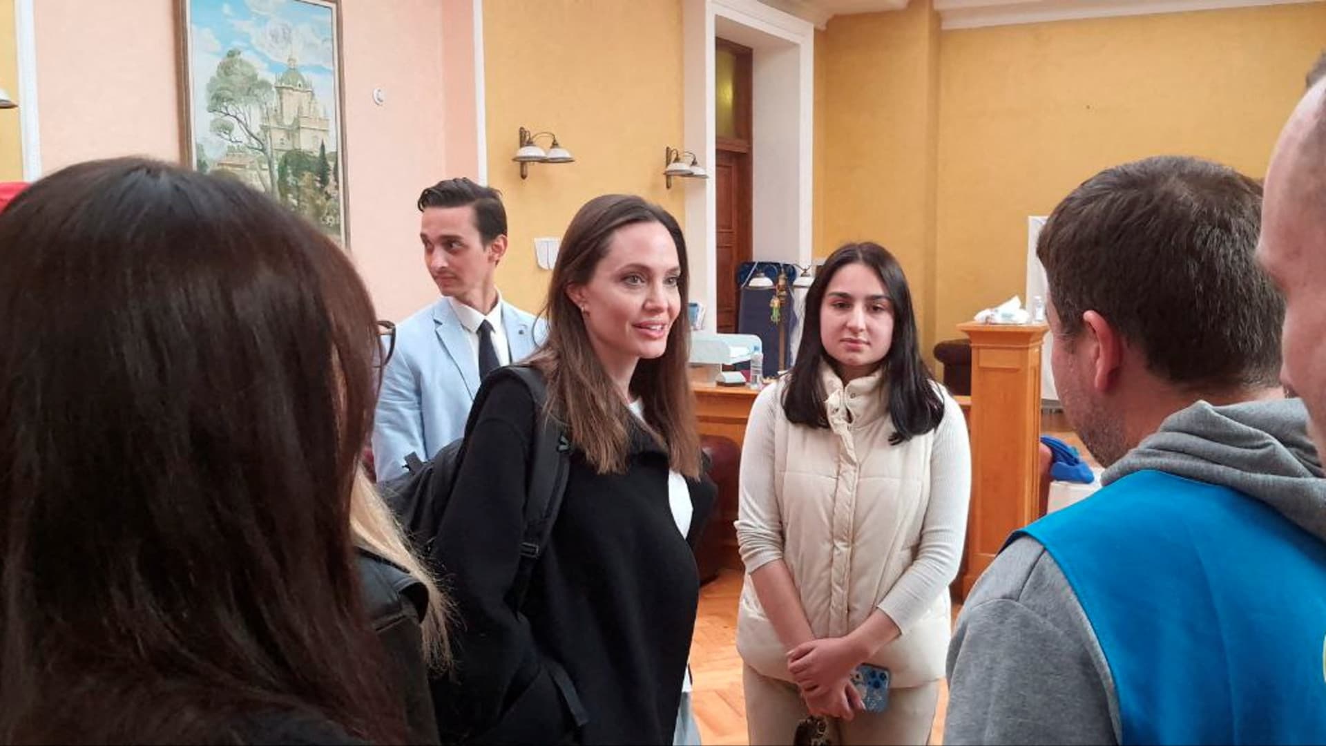 U.S. actor and UNHCR Special Envoy Angelina Jolie visits Lviv's main railway station, amid Russia's invasion of Ukraine April 30, 2022 in this handout image.