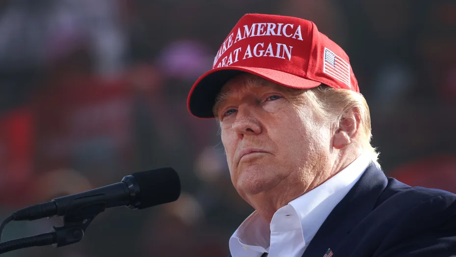 Former President Donald Trump speaks to supporters during a rally at the I-80 Speedway on May 01, 2022 in Greenwood, Nebraska.