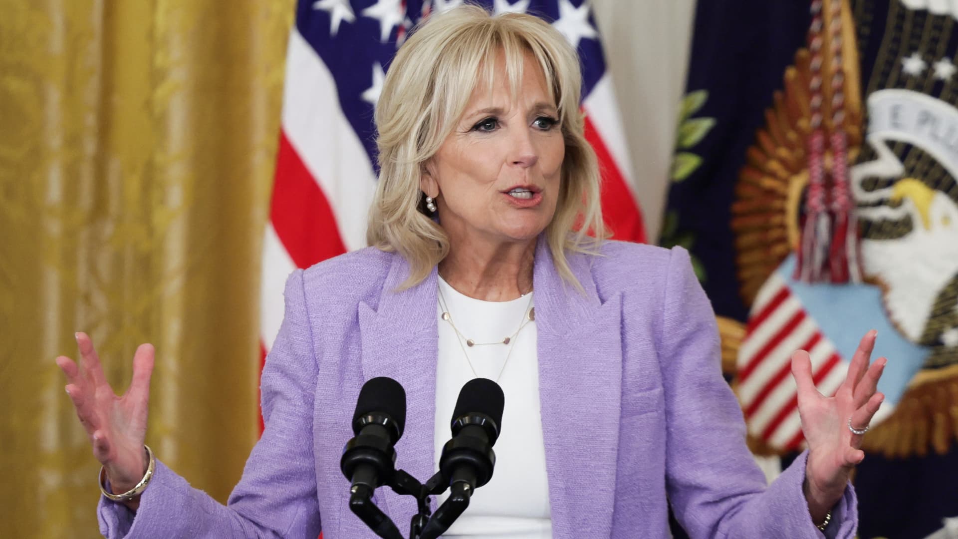 U.S. first lady Jill Biden delivers remarks during the Council of Chief State School Officers' 2022 National and State Teachers of the Year event, in the East Room at the White House, in Washington, U.S., April 27, 2022. 