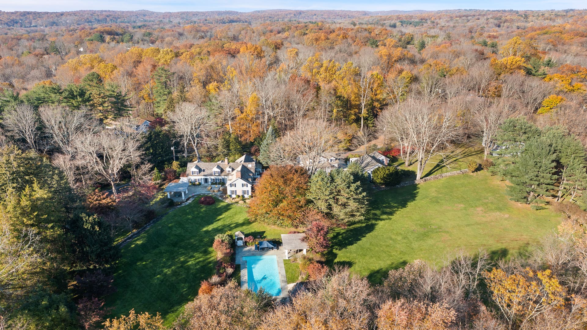 Aerial view of the farmhouse compound in Greenwhich, CT