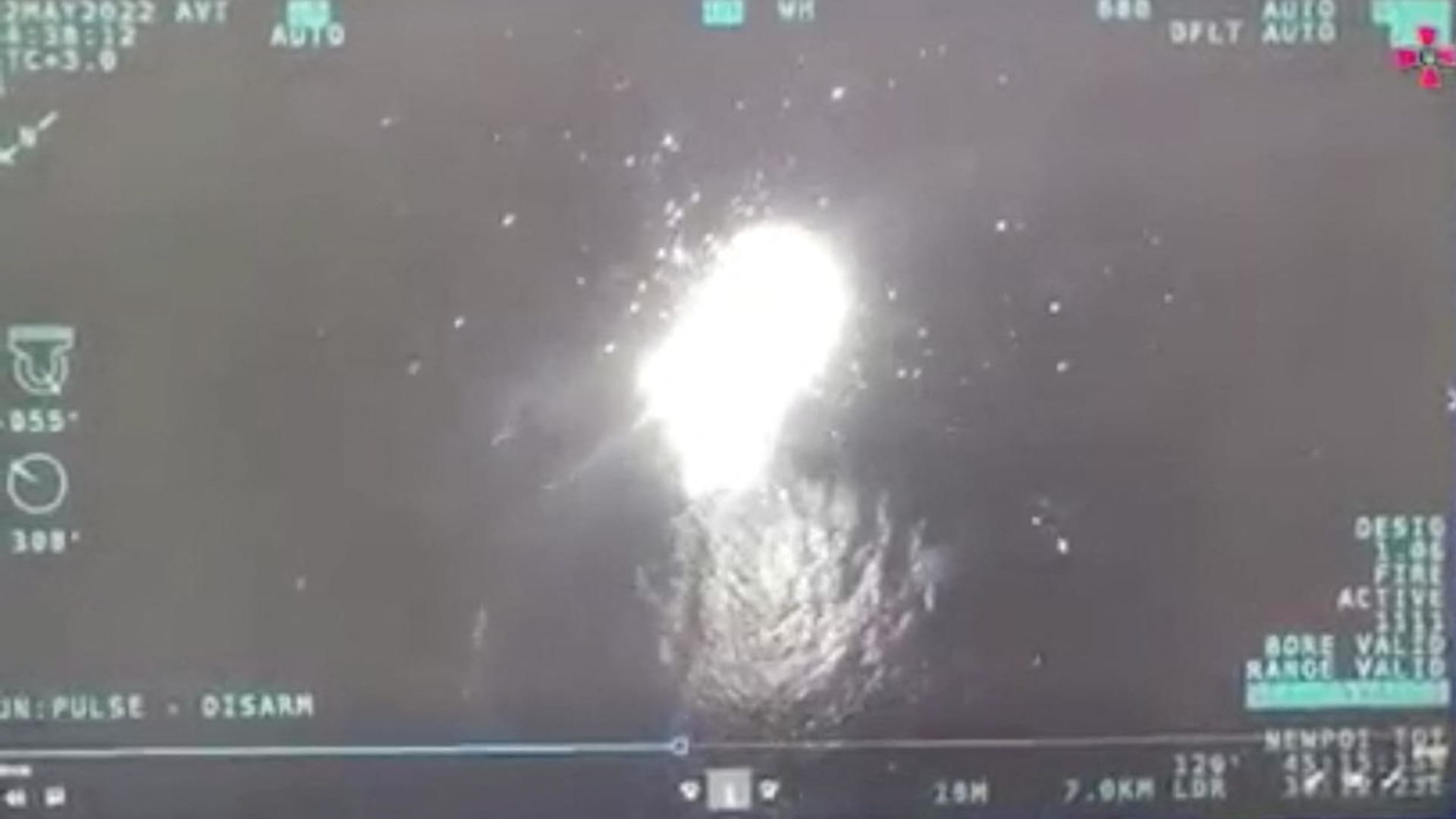 A vessel claimed to be a Russian Raptor boat is destroyed with use of Ukrainian, Turkish-supplied Bayraktar drone, near Snake Island, Ukraine in this screen grab obtained from a social media video on May 2, 2022.