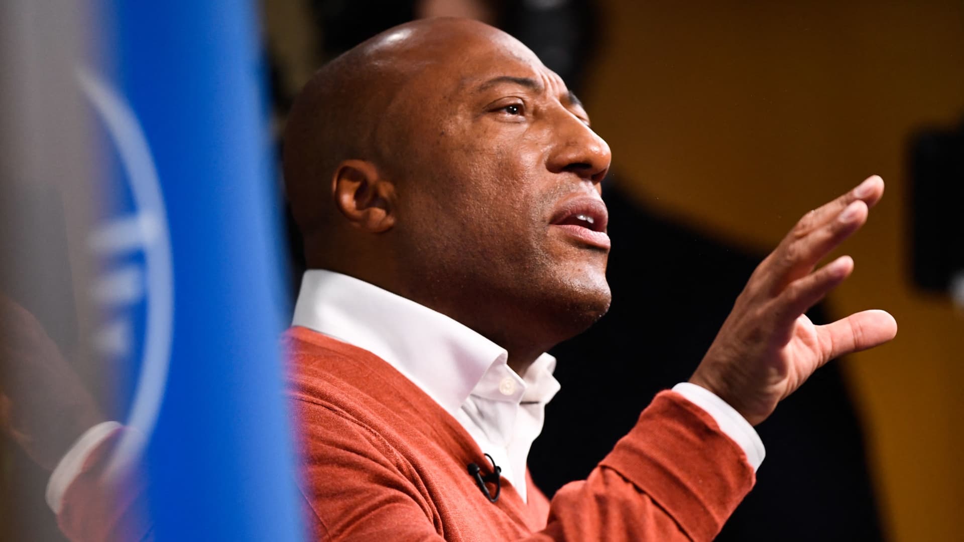 Byron Allen, founder, chairman, and CEO of Entertainment Studios and Allen Media Group, speaks during the Milken Institute Global Conference in Beverly Hills, California, on May 2, 2022. 