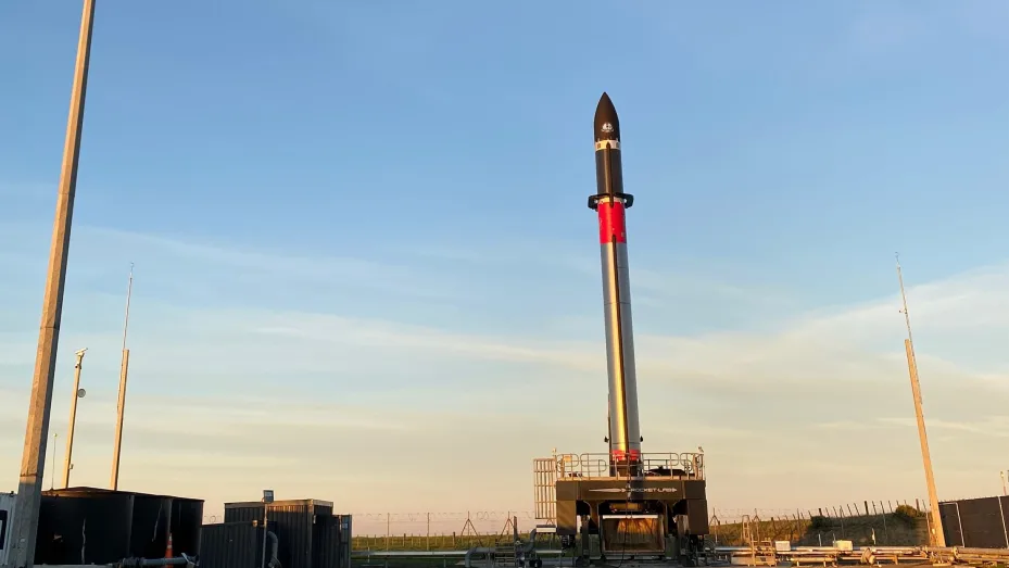 The company's Electron rocket stands on its launchpad in New Zealand on May 2, 2022.