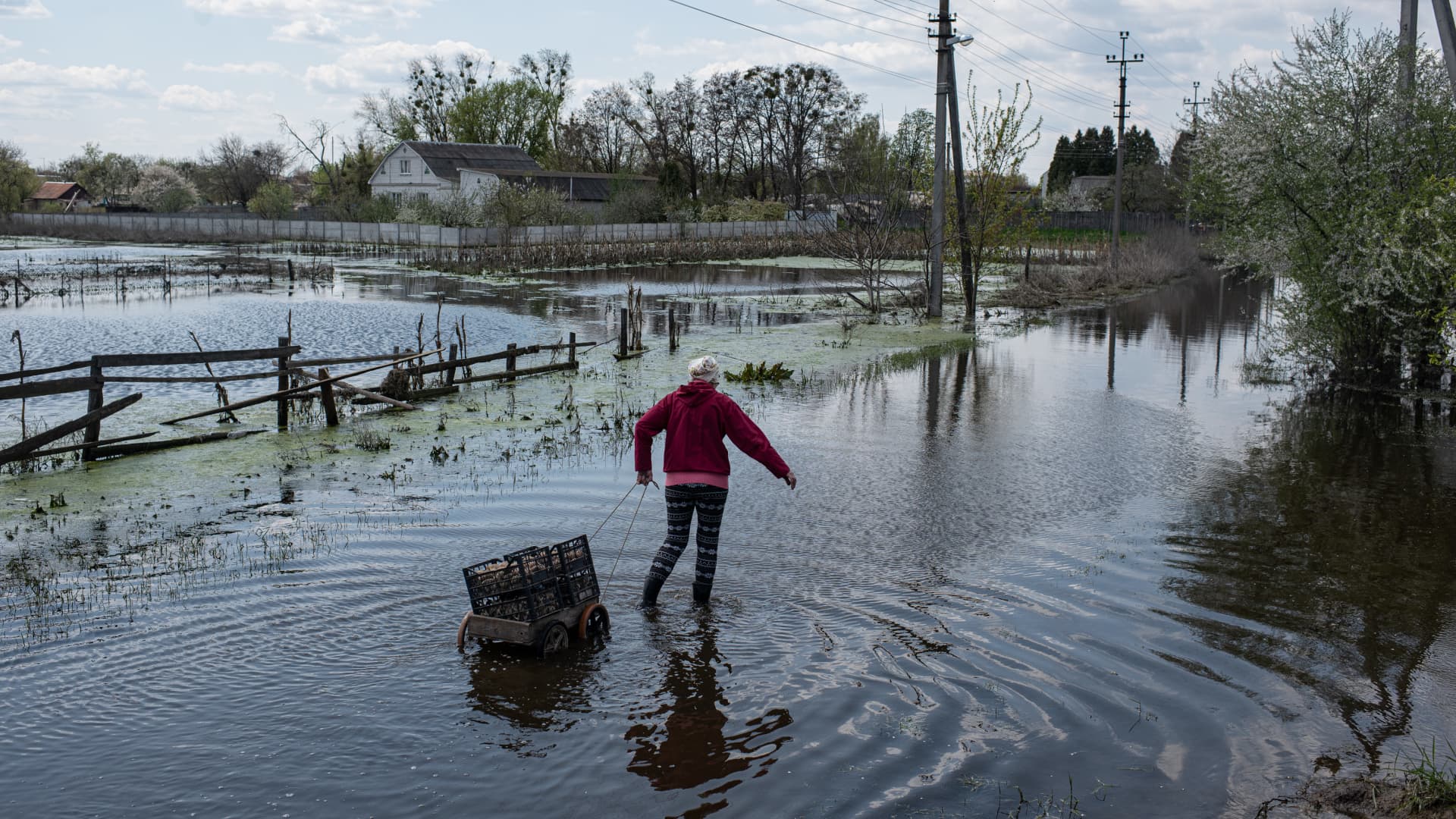 Nadiia pulls a cart with crates filled with potatoes through a flooded street, on May 2, 2022 in Demydiv, Ukraine.