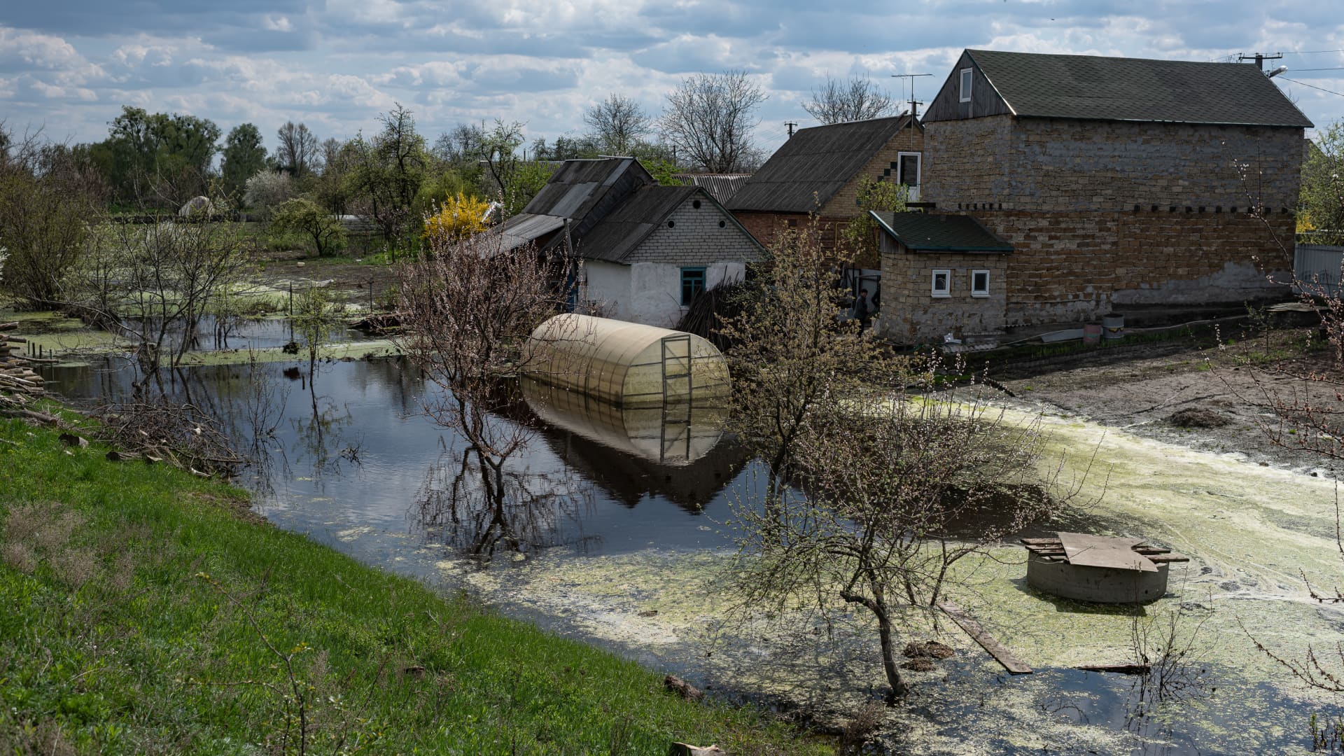 A flooded garden, on May 2, 2022 in Demydiv, Ukraine. To keep Russian armoured columns at bay, Ukrainian forces released water from a nearby hydroelectric dam to intentionally flood Demydiv, a village north of Kyiv.