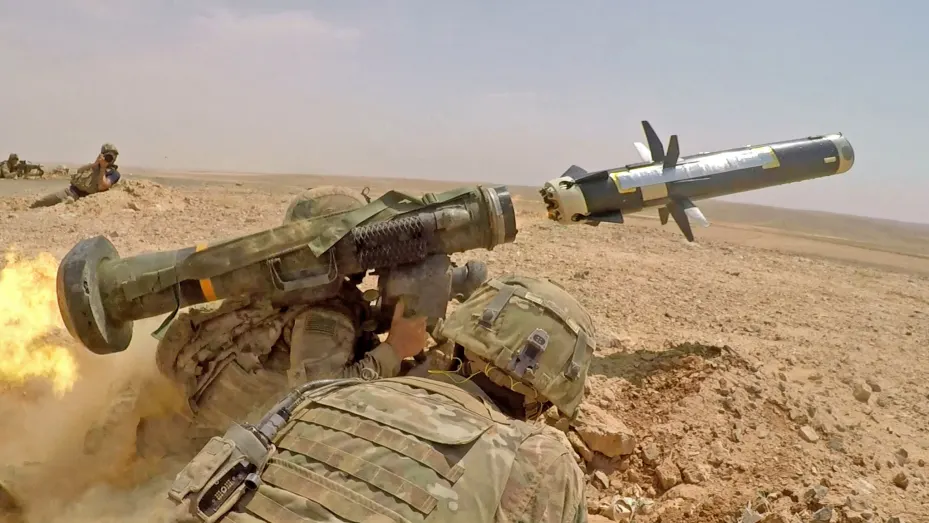 Infantry Soldiers with 1st Battalion, 8th Infantry Regiment, 3rd Armored Brigade Combat Team, 4th Infantry Division, fire an FGM-148 Javelin during a combined arms live fire exercise in Jordan on August 27, 2019.
