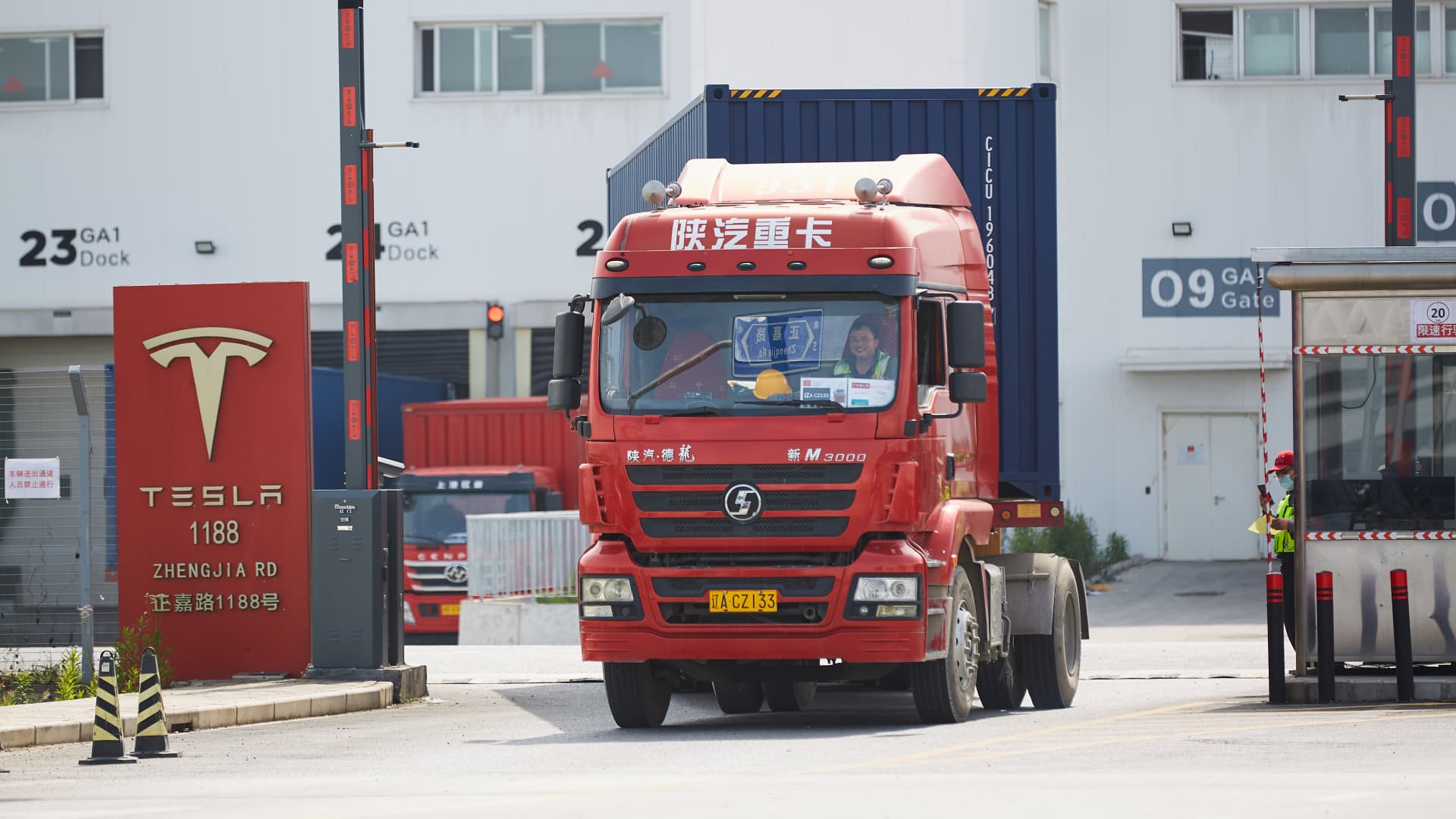 A truck leaves the Tesla Shanghai Gigafactory on April 25, 2021 in Shanghai, China.