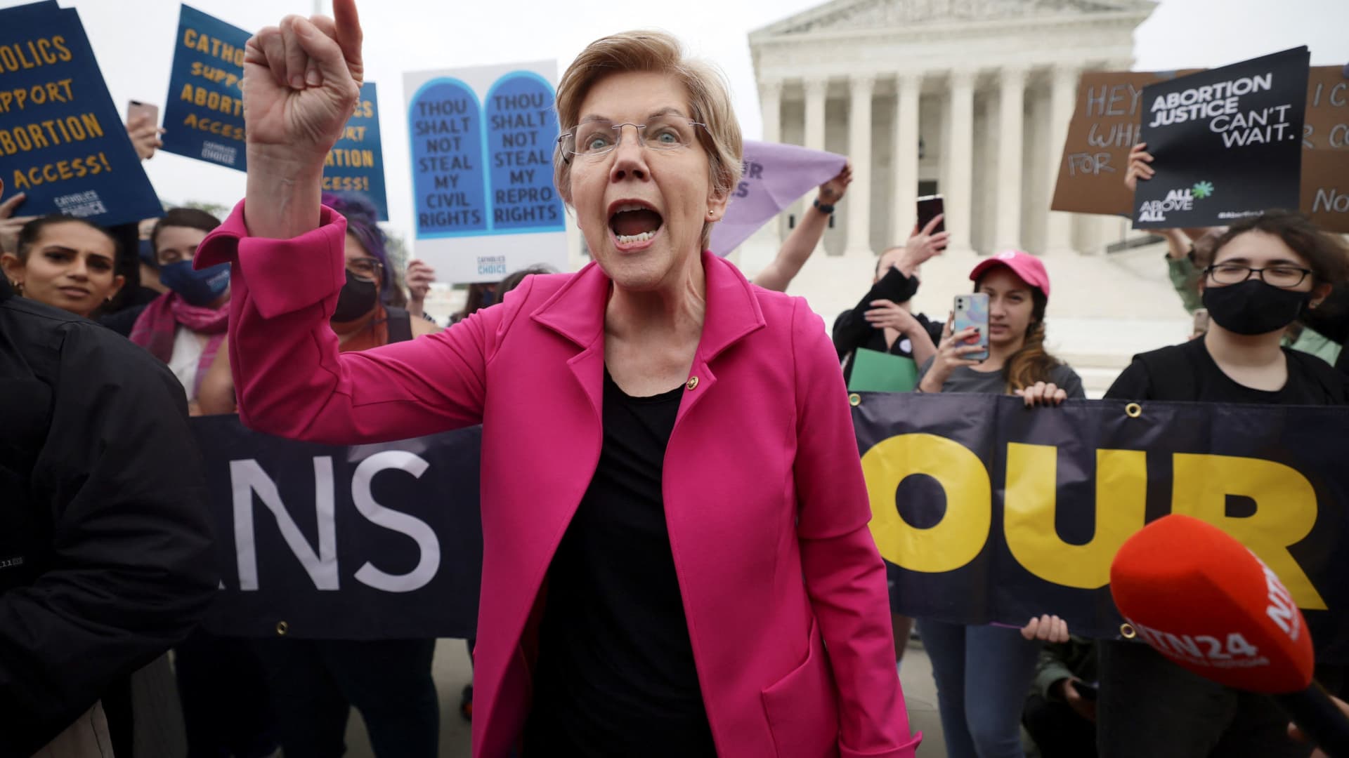 U.S. Senator Elizabeth Warren (D-MA) reacts during a protest outside the U.S. Supreme Court, after the leak of a draft majority opinion written by Justice Samuel Alito preparing for a majority of the court to overturn the landmark Roe v. Wade abortion rights decision later this year, in Washington, May 3, 2022.