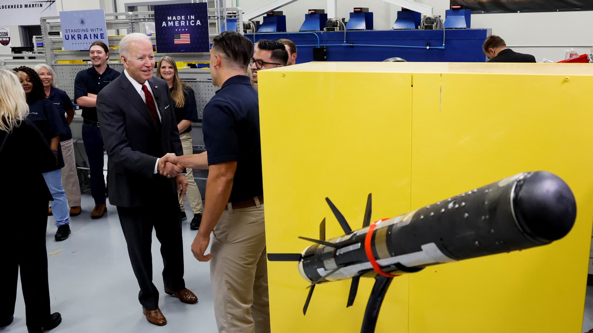 U.S. President Joe Biden tours a Lockheed Martin weapons factory in Troy, Alabama, May 3, 2022.