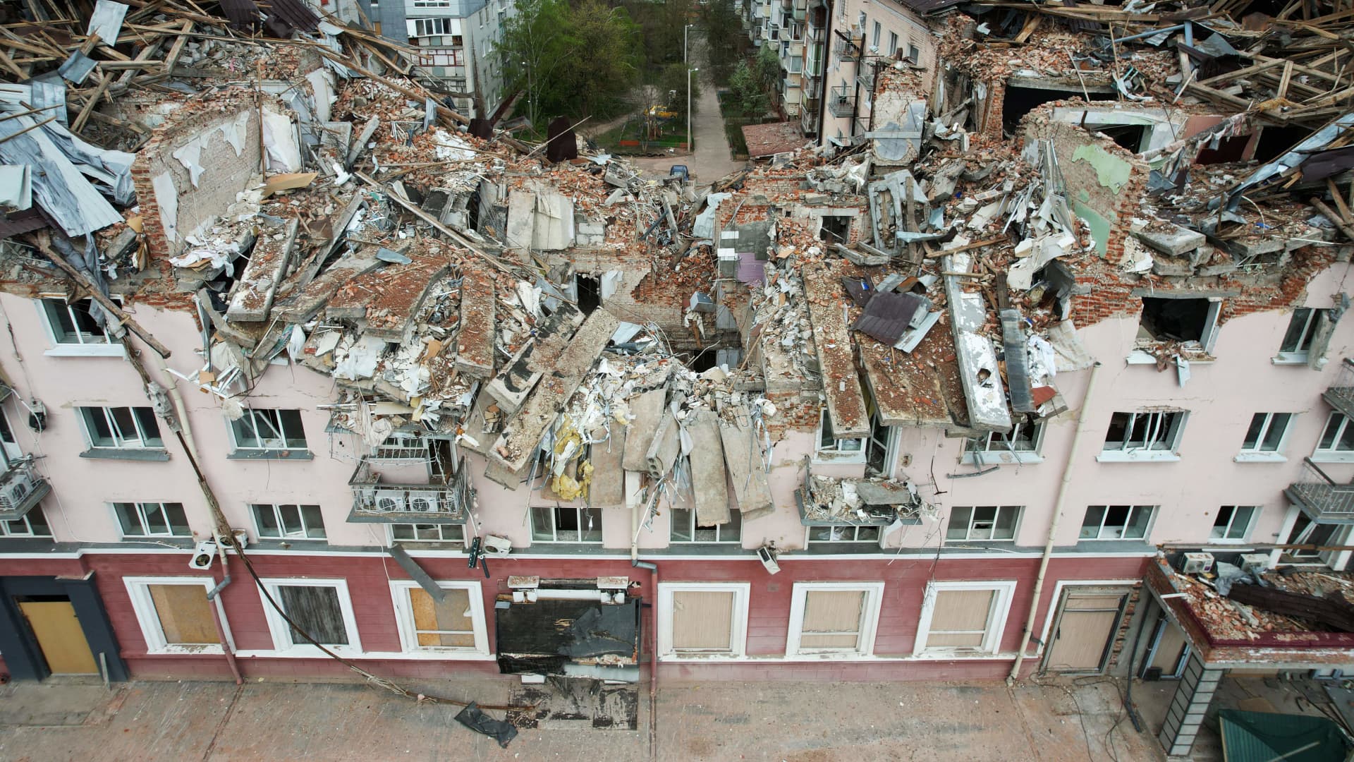An aerial view taken on May 3, 2022 the destroyed Hotel Ukraine in the northern Ukrainian city of Chernihiv, amid the Russian invasion of Ukraine. 