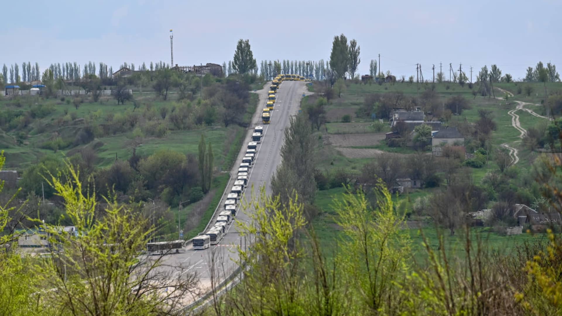 A convoy carrying people from Mariupol arrives in Kamianske, Zaporizhzhia, Ukraine on May 3, 2022 as Russian attacks continue.