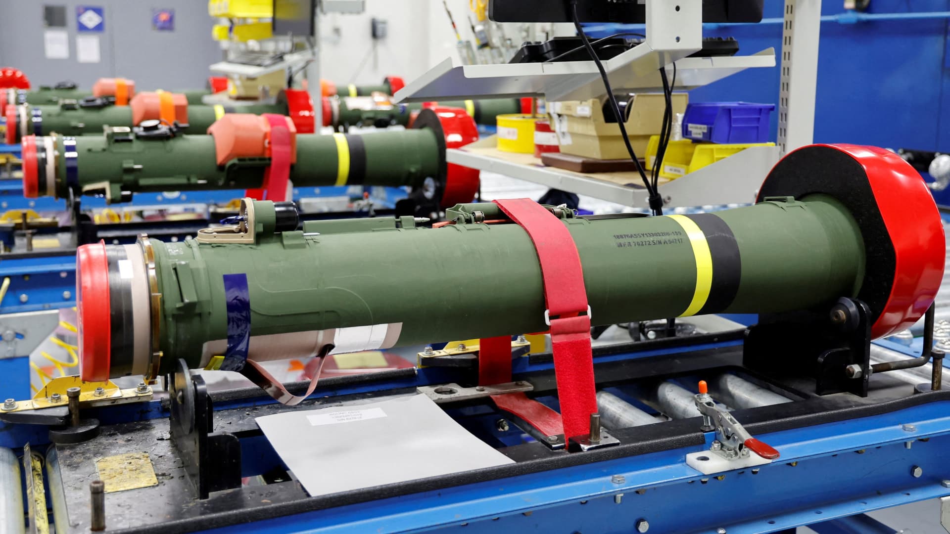 Javeline anti-tank missiles are displayed on the assembly line as U.S. President Joe Biden tours a Lockheed Martin weapons factory in Troy, Alabama, U.S. May 3, 2022. 