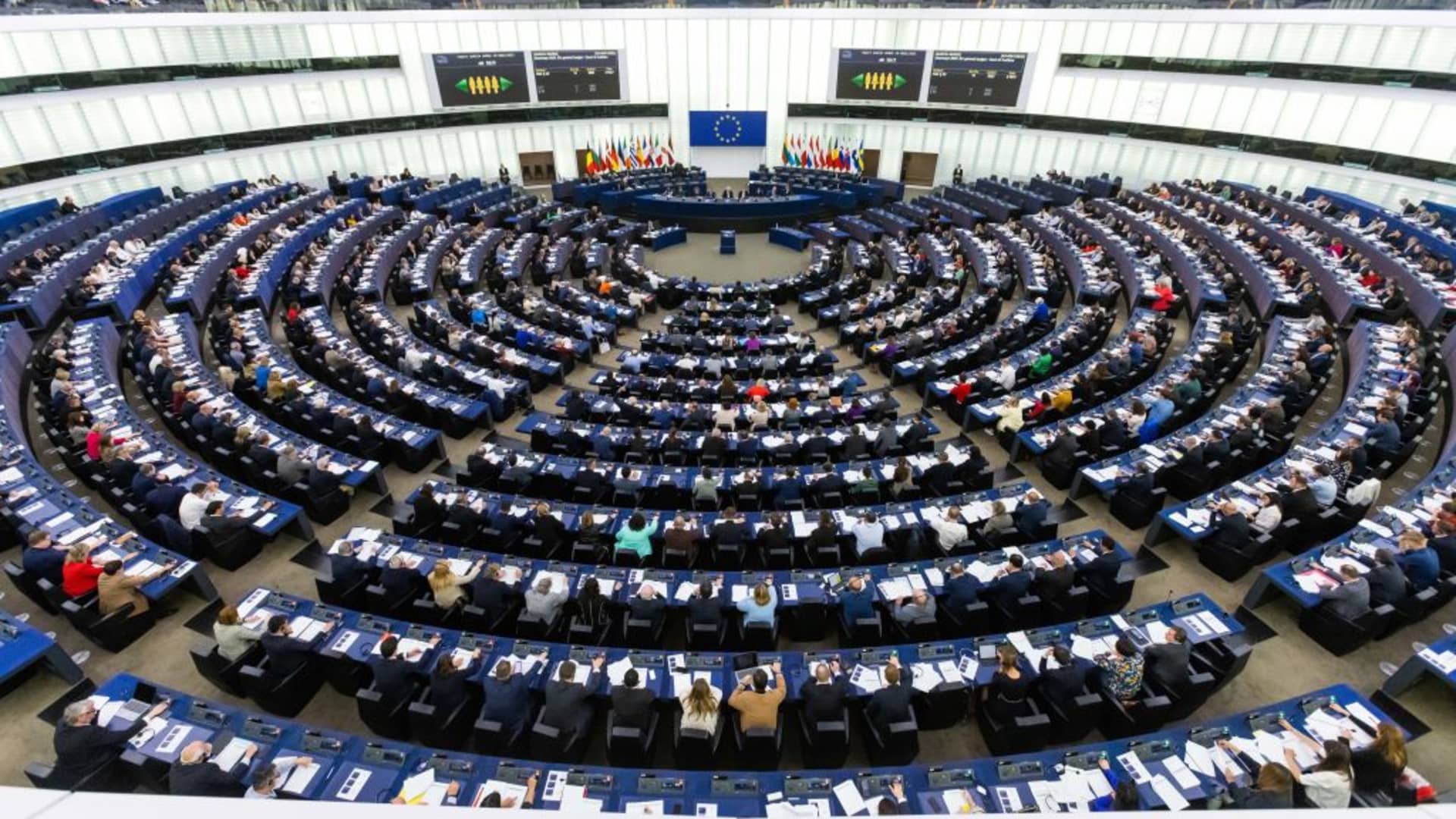 Members of the European Parliament sit during a voting session in the plenary hall of the European Parliament. The EU Parliament is focused on discussing the issue of Ukraine. Expected is the presentation of a sixth package of sanctions, which includes the exit from Russian oil.