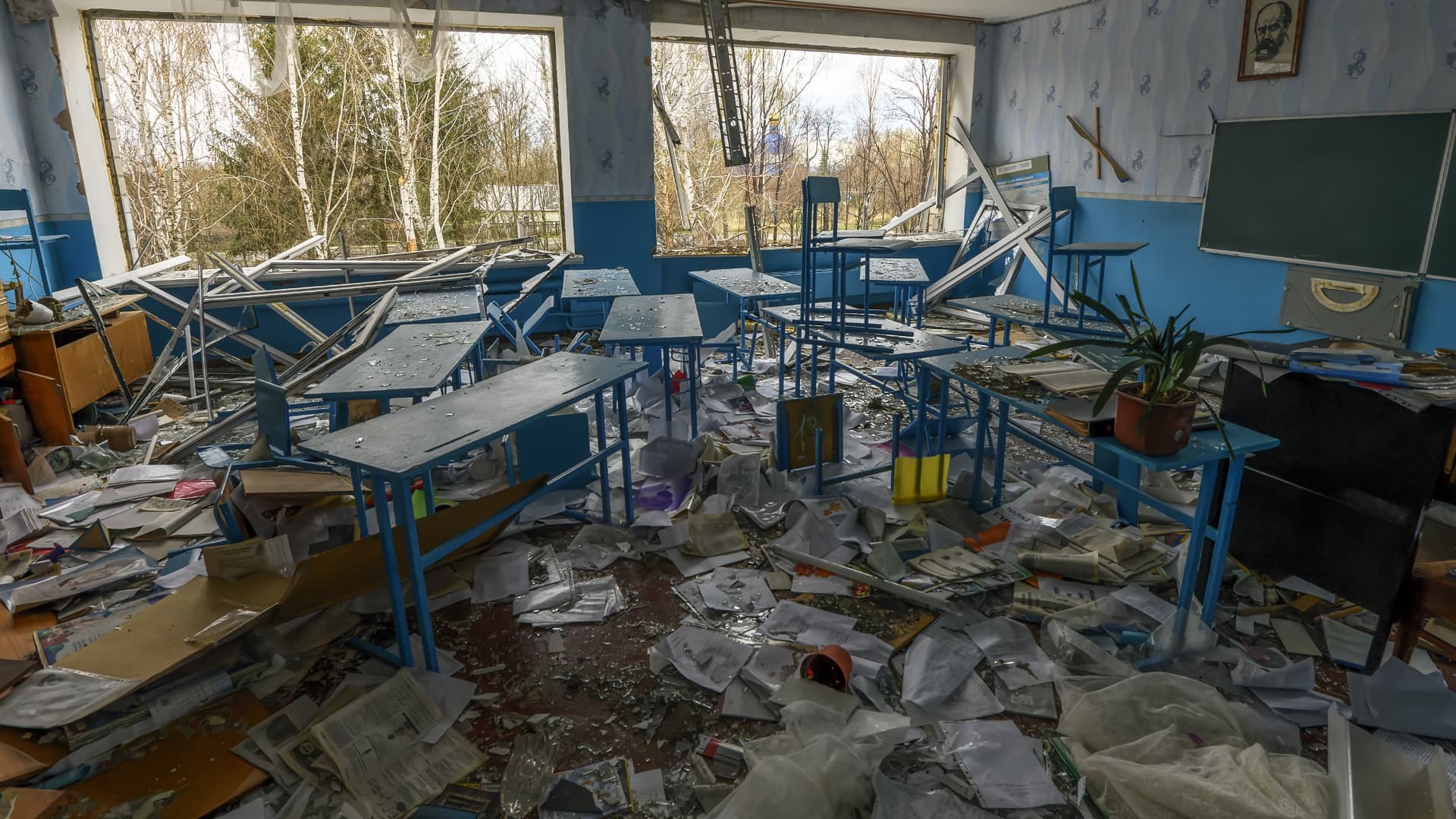 A destroyed classroom inside a school damaged by shelling russian army in the Kukhari village, Ukraine, Kyiv area, Ukraine, April 16, 2022.