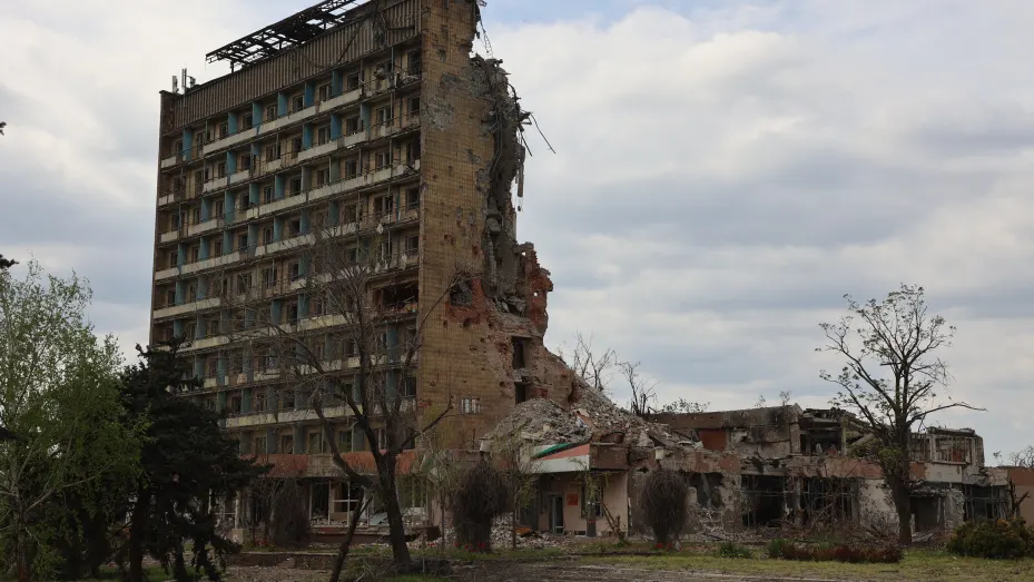 Destroyed buildings are seen as Russian attacks continue in Mariupol, Ukraine on May 04, 2022.