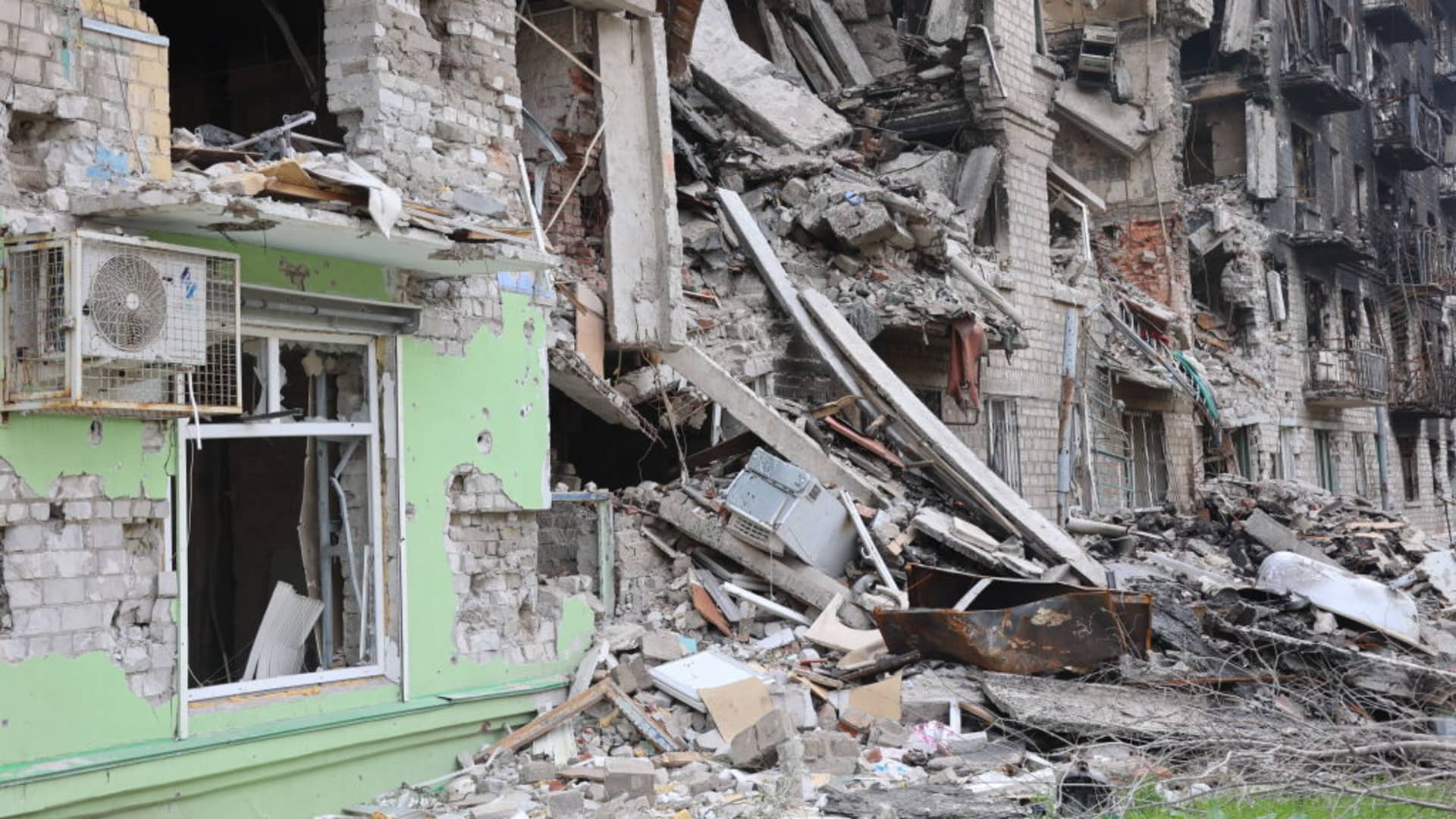 Damaged buildings are seen as Russian attacks continue in Mariupol, Ukraine on May 4, 2022.