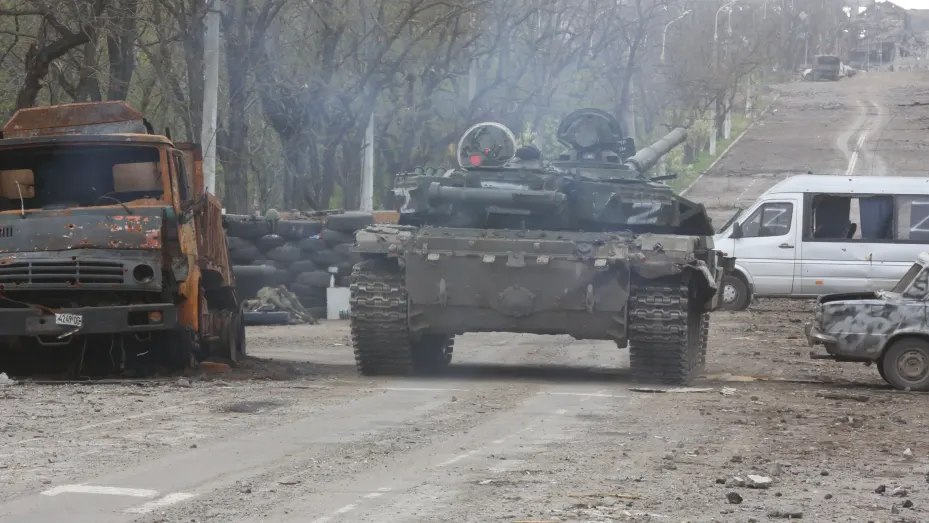 A tank of the DPR army moves on the road as Russian attacks continue in Mariupol, Ukraine on May 04, 2022.