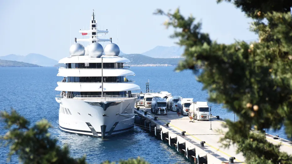MUGLA, TURKEY - FEBRUARY 18: The 106m-long and 18m-high super luxury motor yacht Amadea, one of the largest yacht in the world is seen after anchored at pier in Pasatarlasi for bunkering with 9 fuel trucks, on February 18, 2020 in Bodrum district of Mugla province in Turkey. Amadea, the Cayman-flagged motor yacht, arrived from France and entered in Turkey passing through Greece. Amadeus's interior layout sleeps up to 16 guests in 8 cabins, including a master suite, a VIP stateroom, with a helipad. (Photo by
