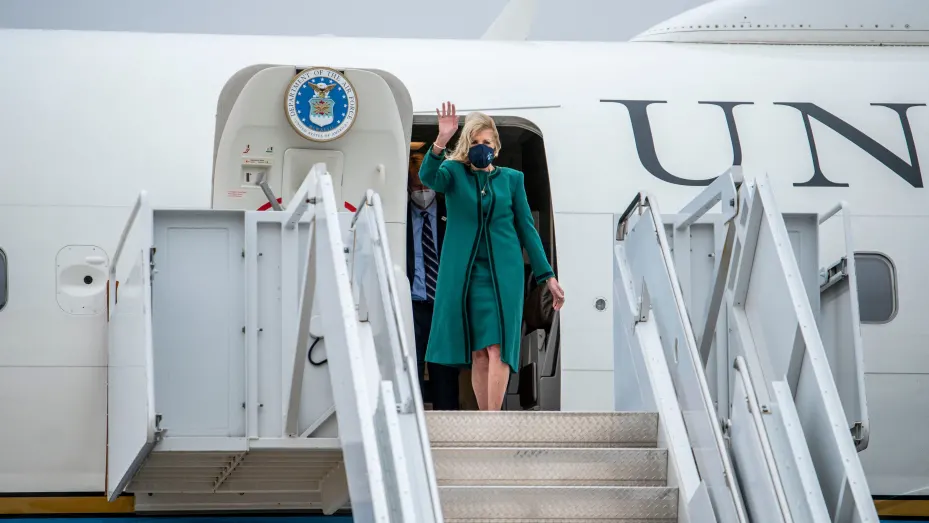 US First Lady Jill Biden waves as she arrives at Lackland Air Force Base, February 23, 2022 in San Antonio, Texas.