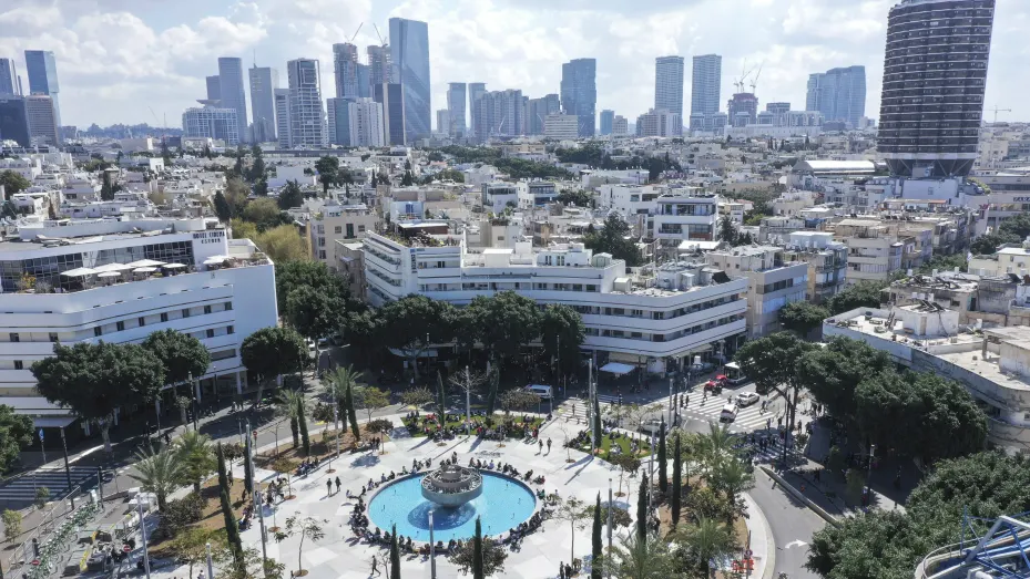 People relax on Dizengoff Square in this aerial photograph taken in Tel Aviv, Israel, on Friday, March 5, 2021.